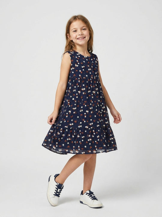 Girls Floral Print Dress (Dark Blue)