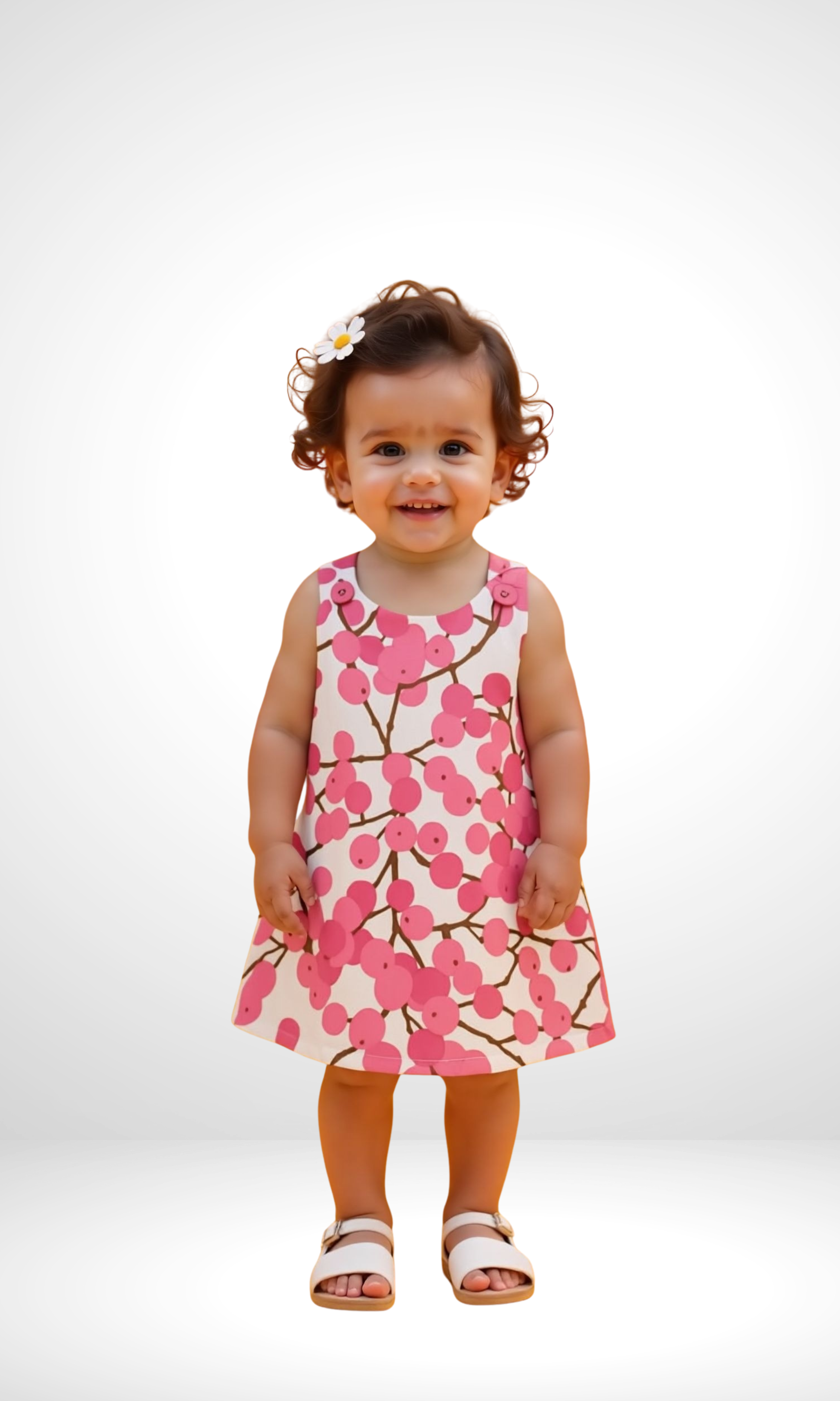 Girls Satin Print Dress (White*Fuchsia)