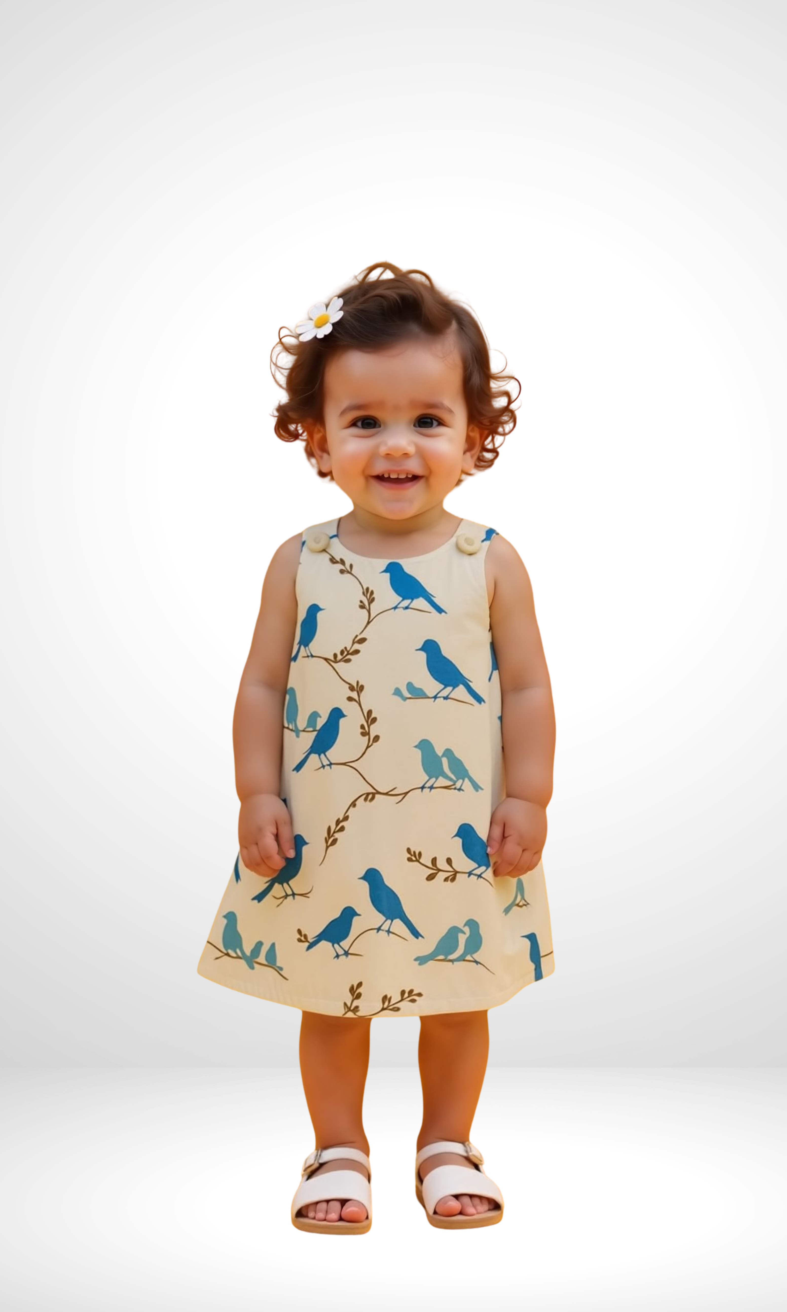 Girls Satin Print Dress (White*Blue Birds)