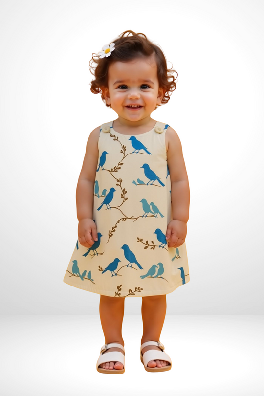 Girls Satin Print Dress (White*Blue Birds)