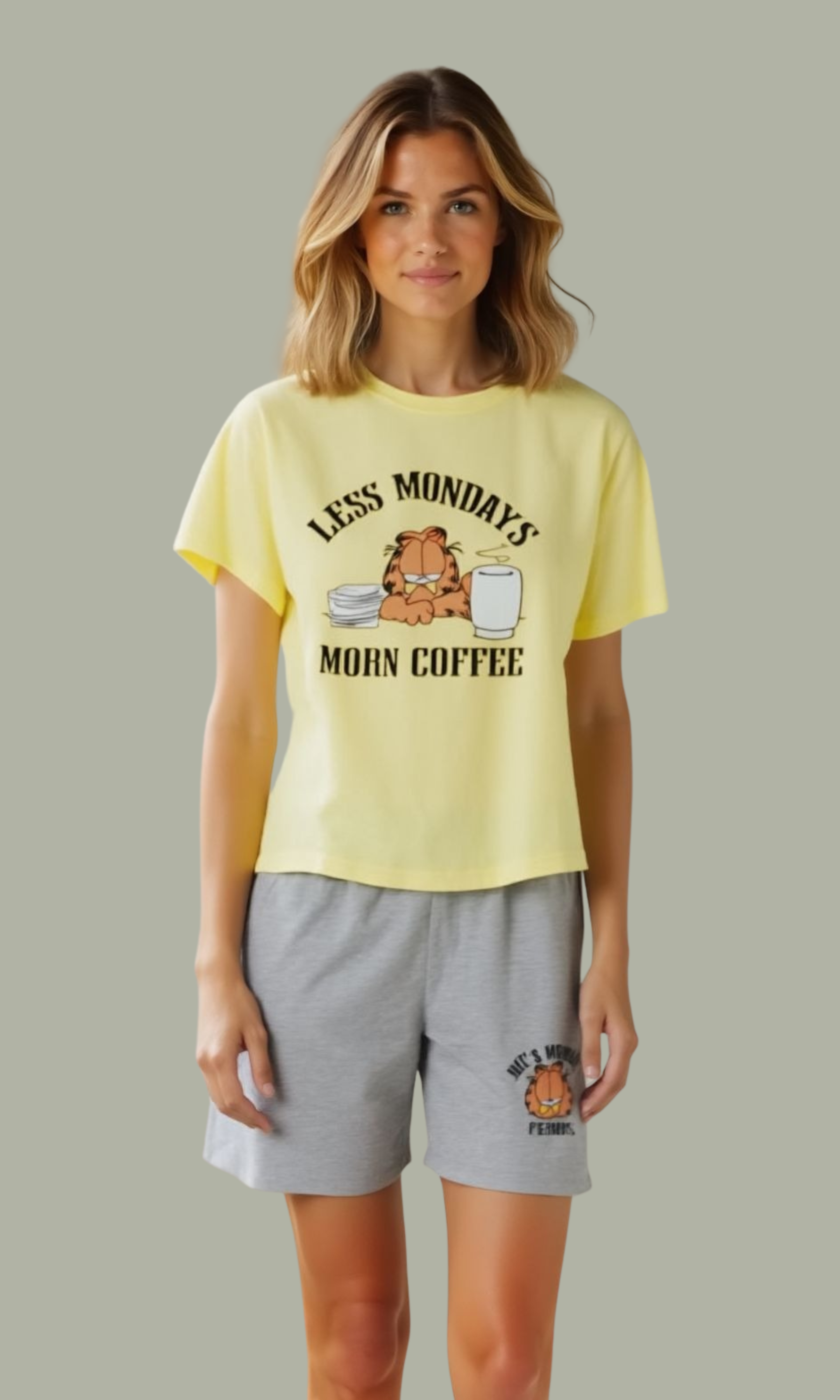 Women Pajamas Set Shorts- Less Monday (Yellow)