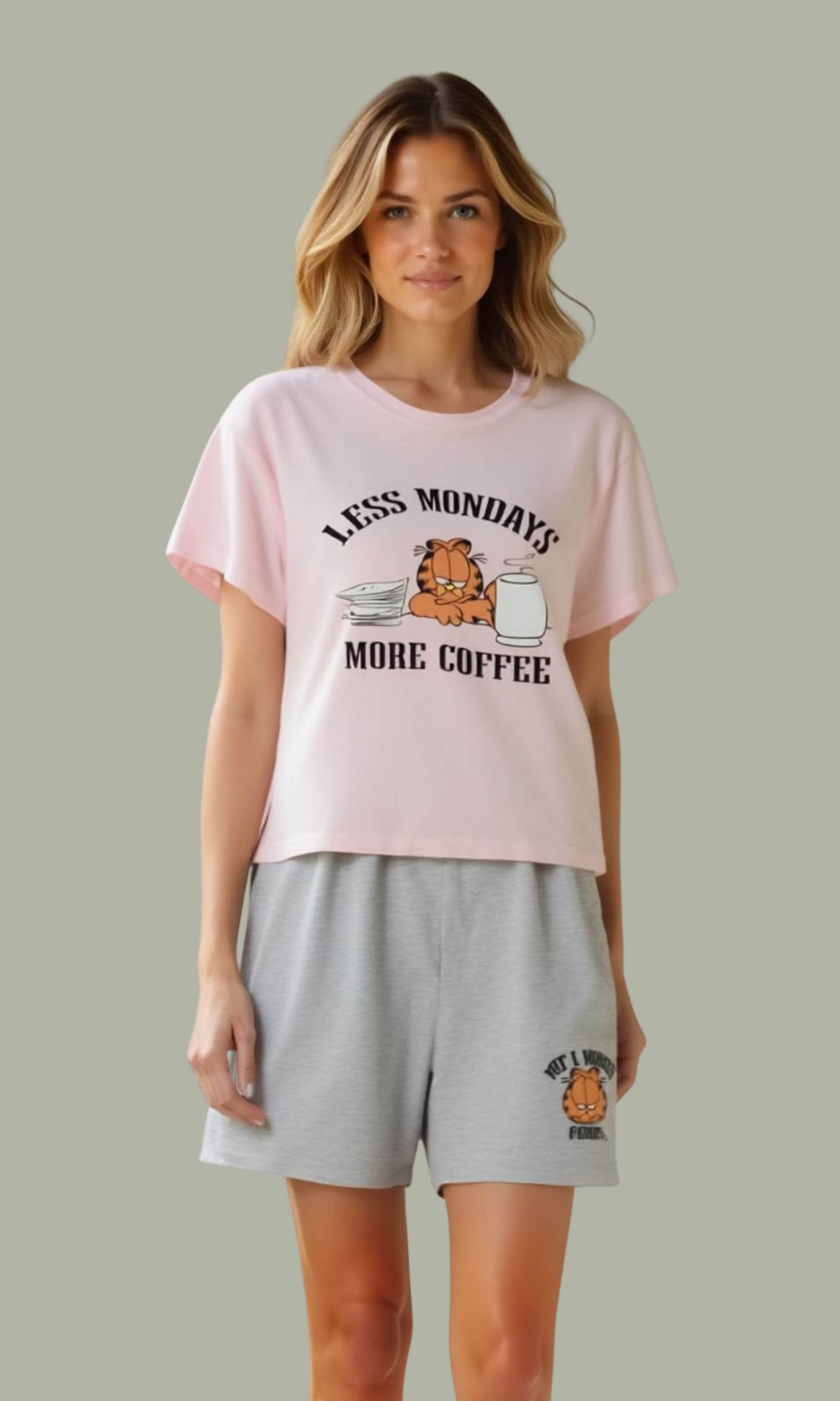 Women Pajamas Set Shorts- Less Monday (Pink)