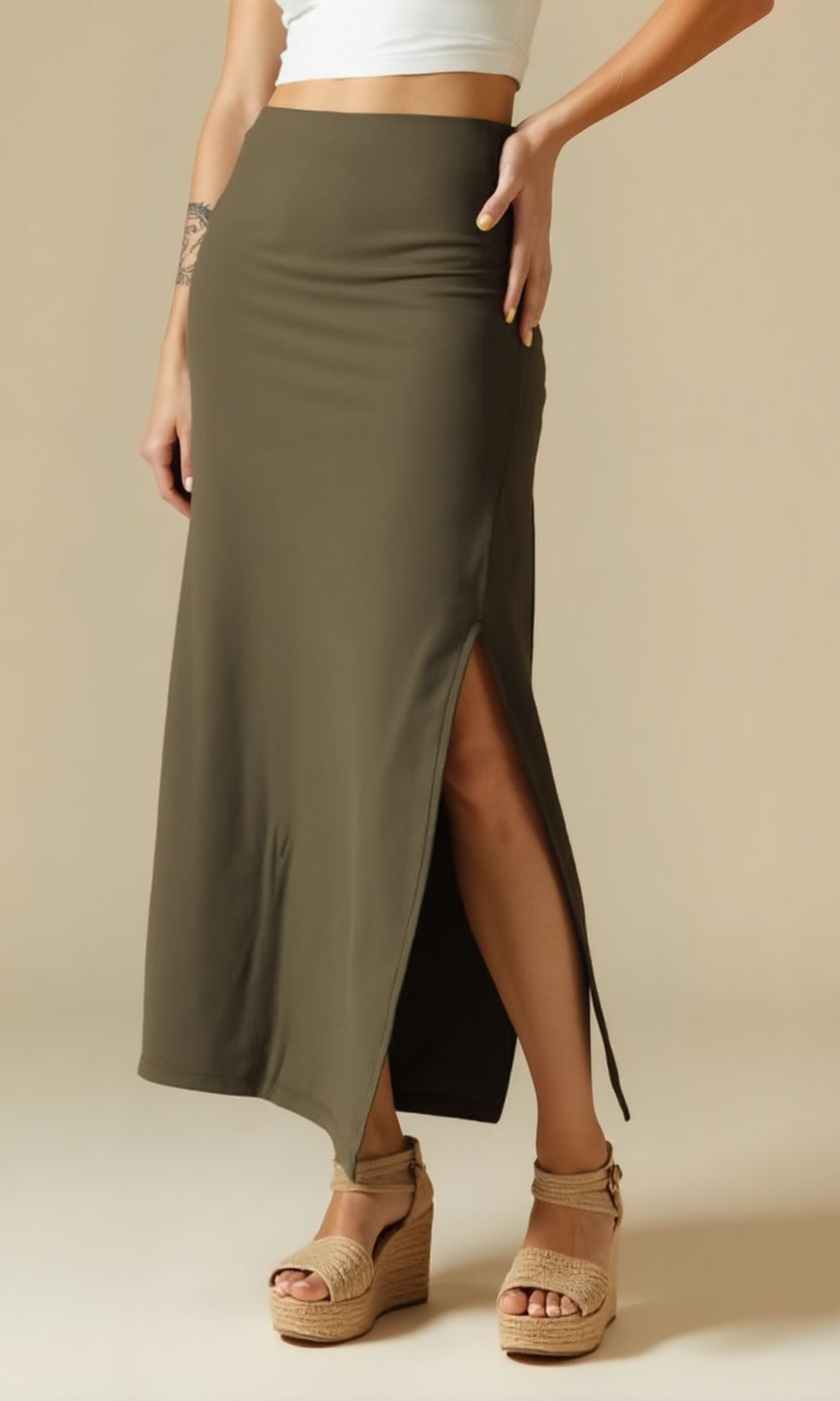 Women  Elastic Waist Skirt (Oil Green)