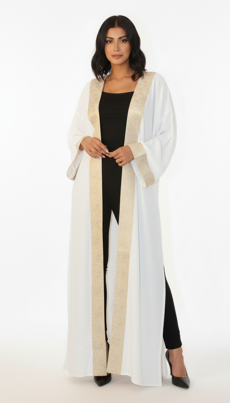 Women Long Kaftan With Arabic Letters in Gold (White)
