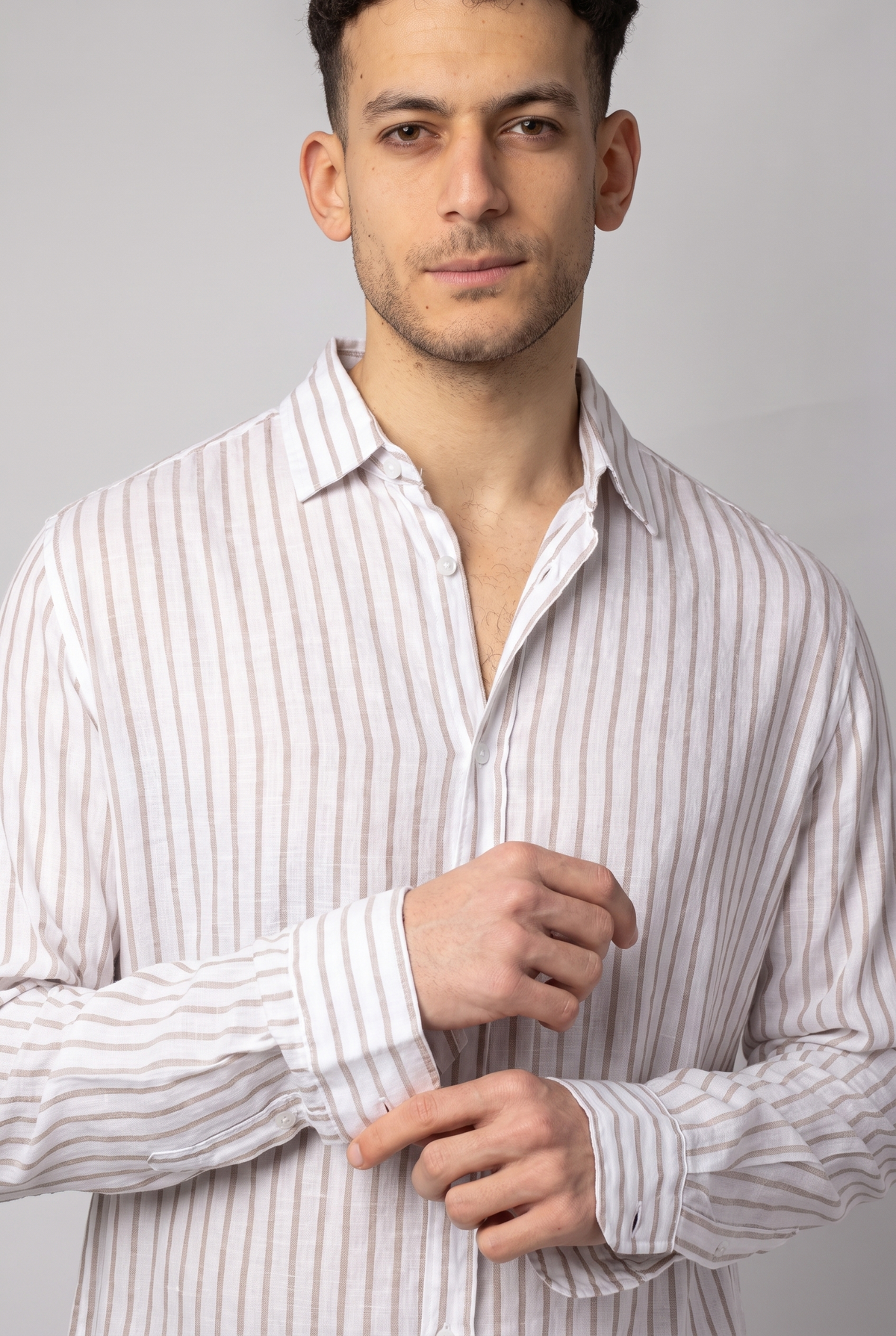 Men Full Buttons Linen Shirt (White*Beige)