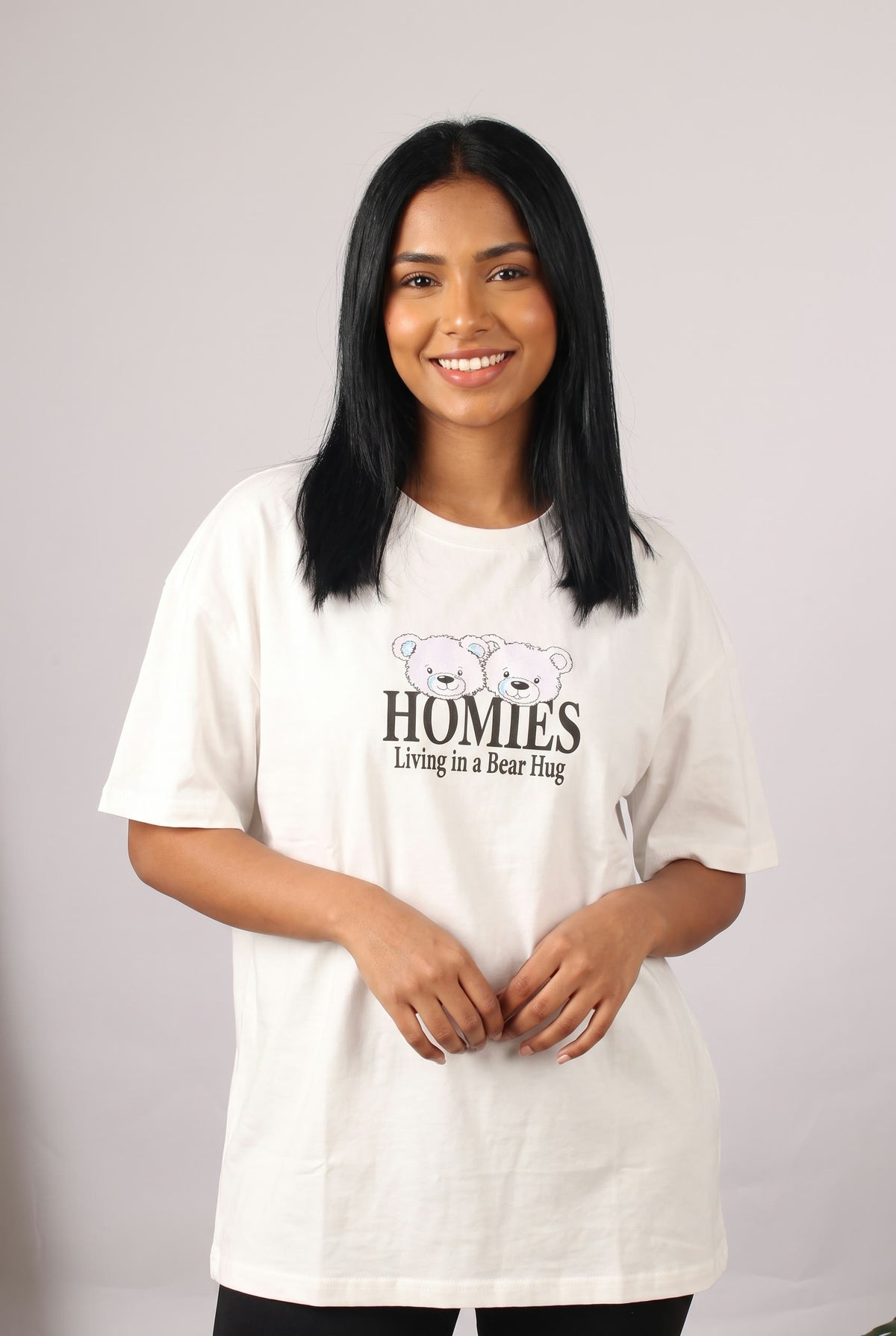 Women Oversize Print T-Shirt - Bear Home (White)