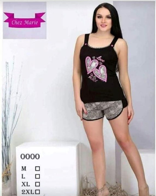 CHEZ MARIE Pyjamas Black & Pink Heart Pyjama