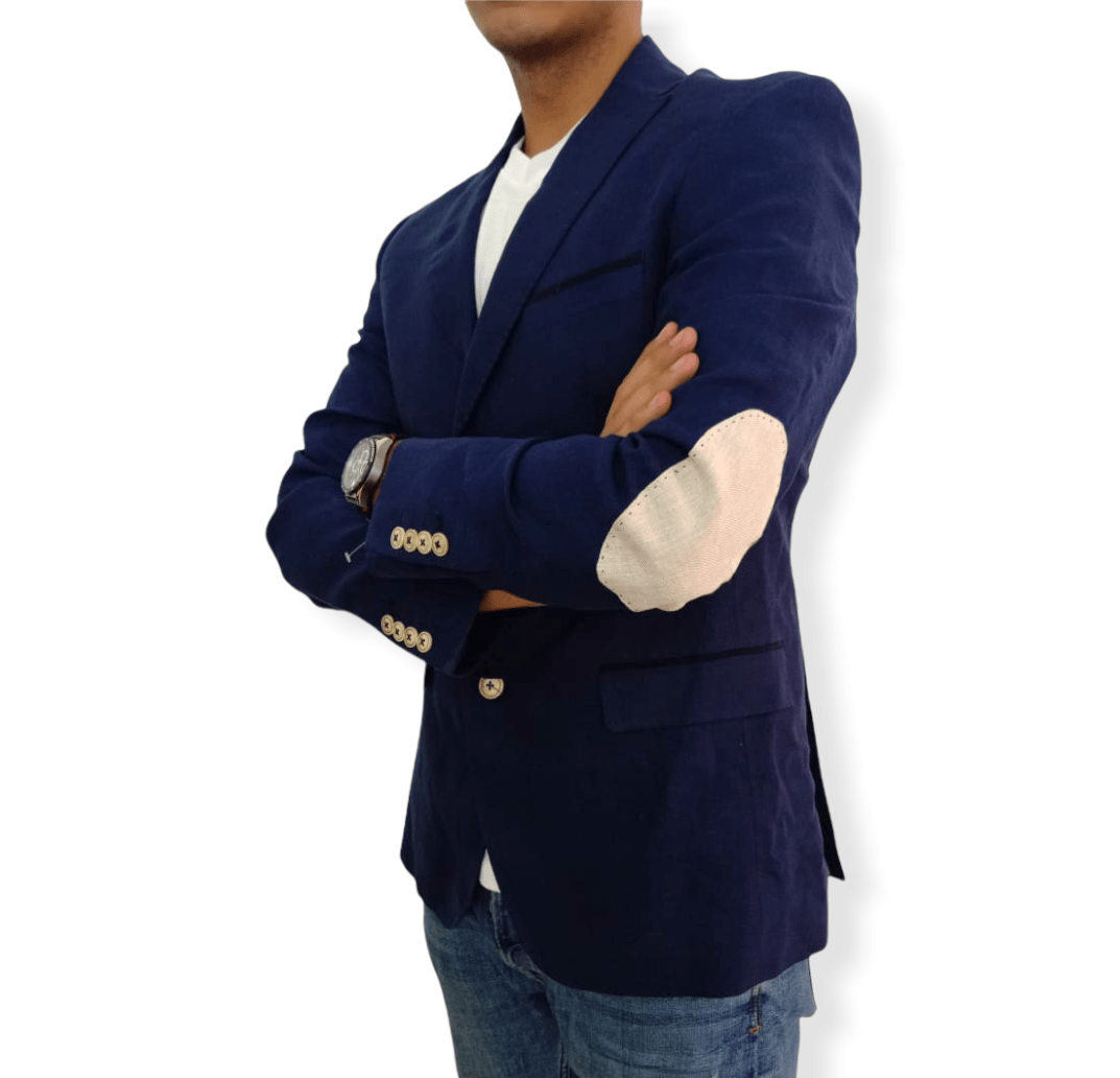 ElOutlet Men Blazers size Eur 46 - USA 36 - Mex 46 [slim-fit] Blazer كتان  - Zara - Dark Blue with Patch on elbow