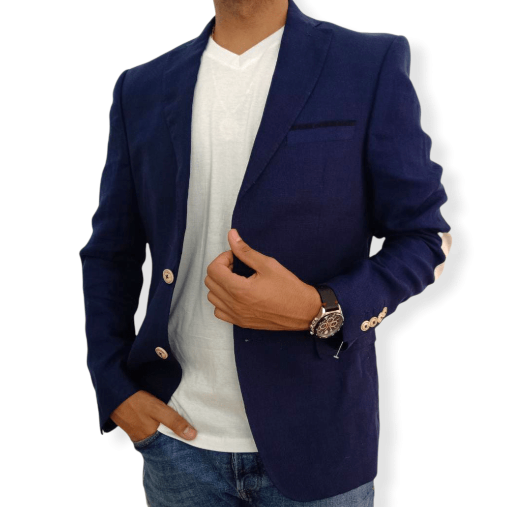 ElOutlet Men Blazers size Eur 46 - USA 36 - Mex 46 [slim-fit] Blazer كتان  - Zara - Dark Blue with Patch on elbow