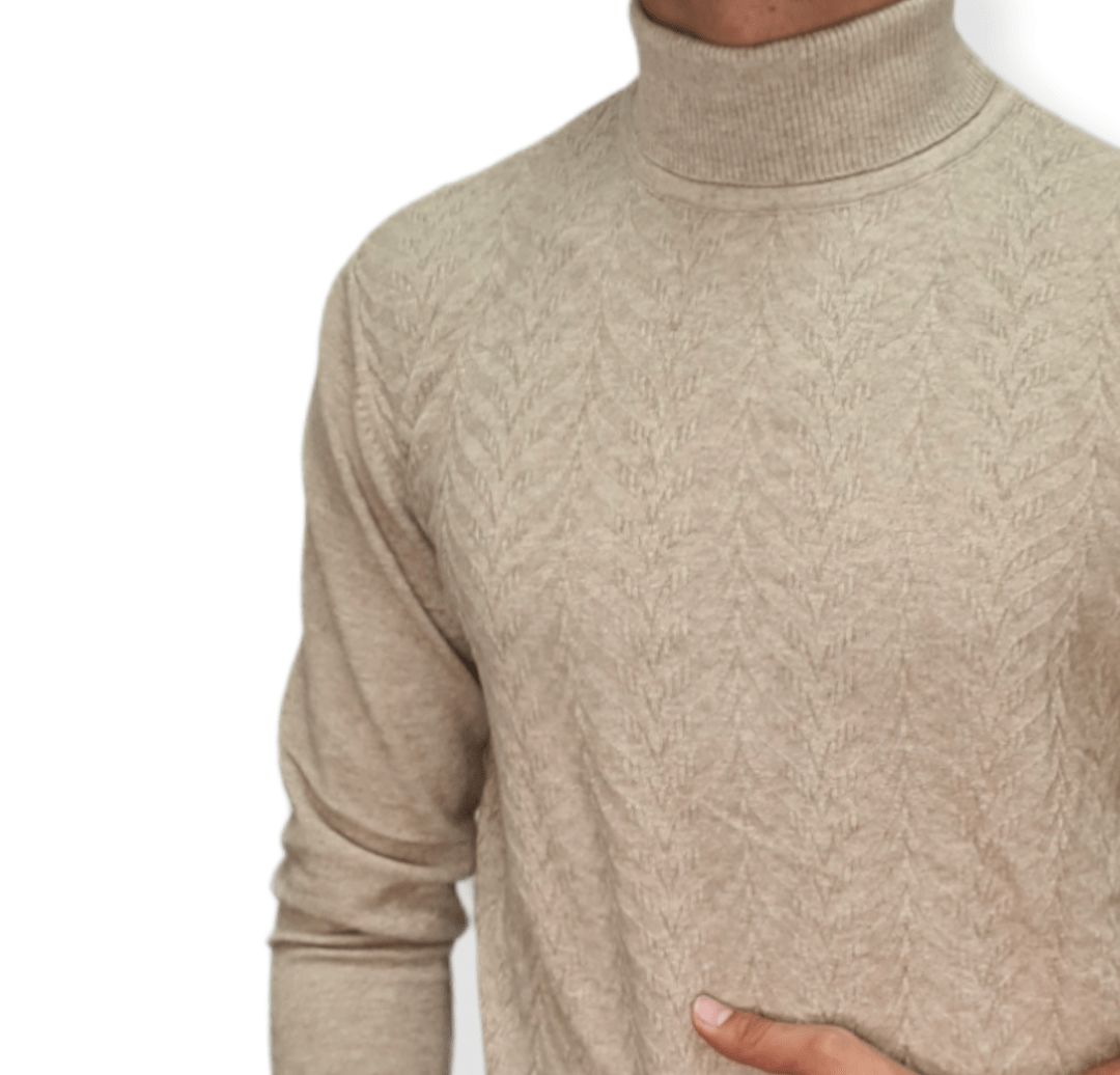 ElOutlet Men Pullover [Slim Fit] Men High Collar (Turtleneck) Pullover AE (wavy shapes) - Beige
