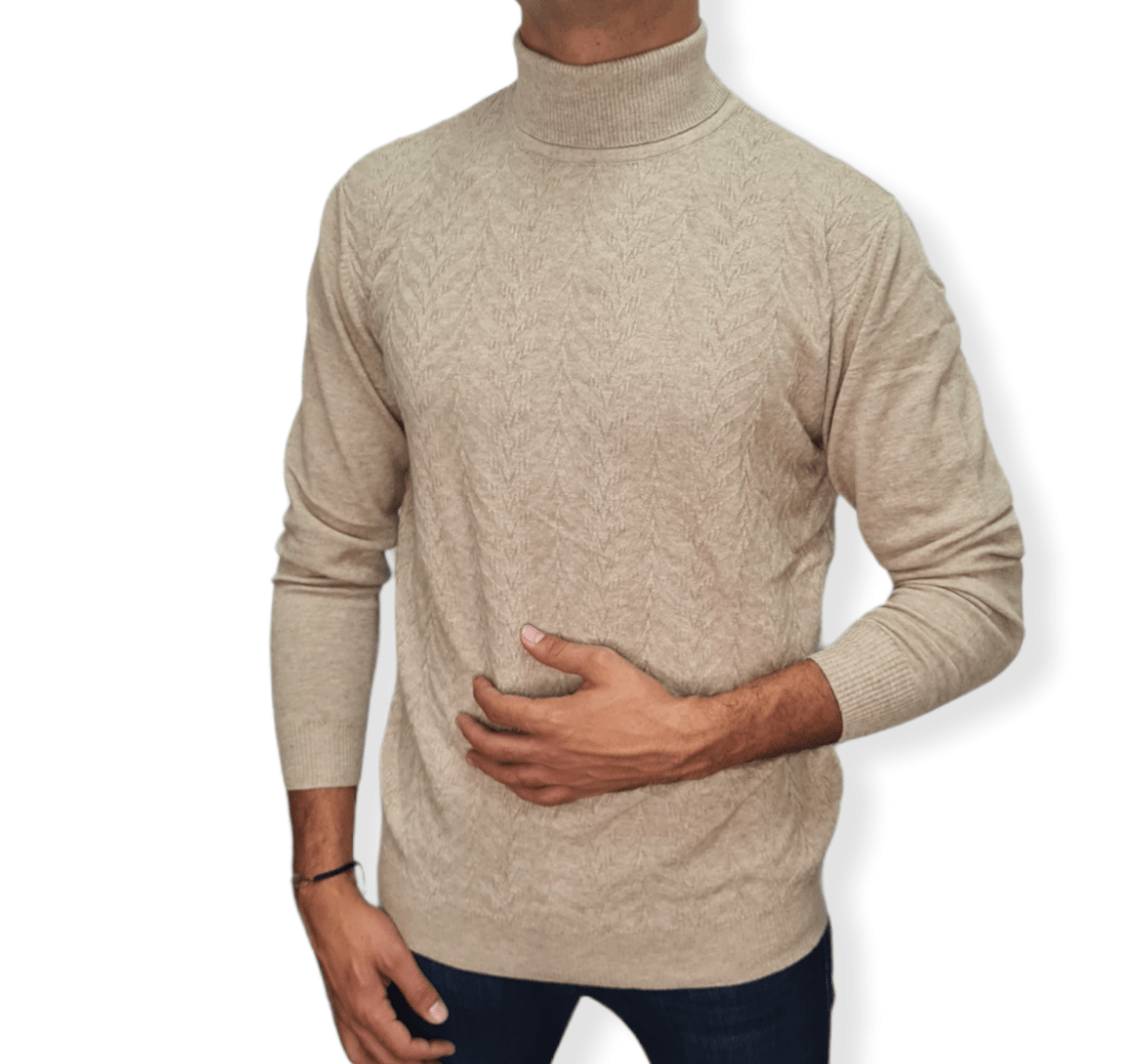 ElOutlet Men Pullover [Slim Fit] Men High Collar (Turtleneck) Pullover AE (wavy shapes) - Beige