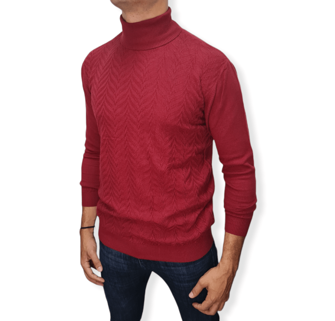 ElOutlet Men Pullover [Slim Fit] Men High Collar (Turtleneck) Pullover AE (wavy shapes) - Crimson