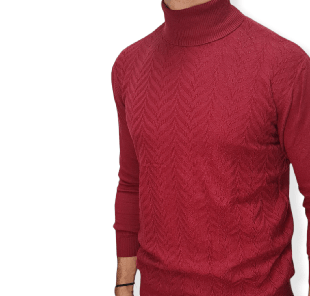 ElOutlet Men Pullover [Slim Fit] Men High Collar (Turtleneck) Pullover AE (wavy shapes) - Crimson