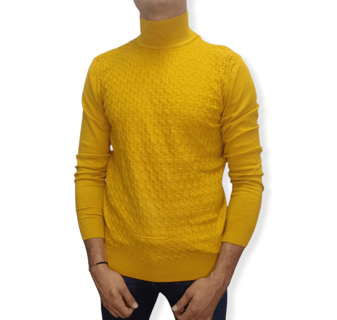 ElOutlet Men Pullover [Slim Fit] Men High Collar (Turtleneck) Pullover Massimo (brick shapes) - Mustard