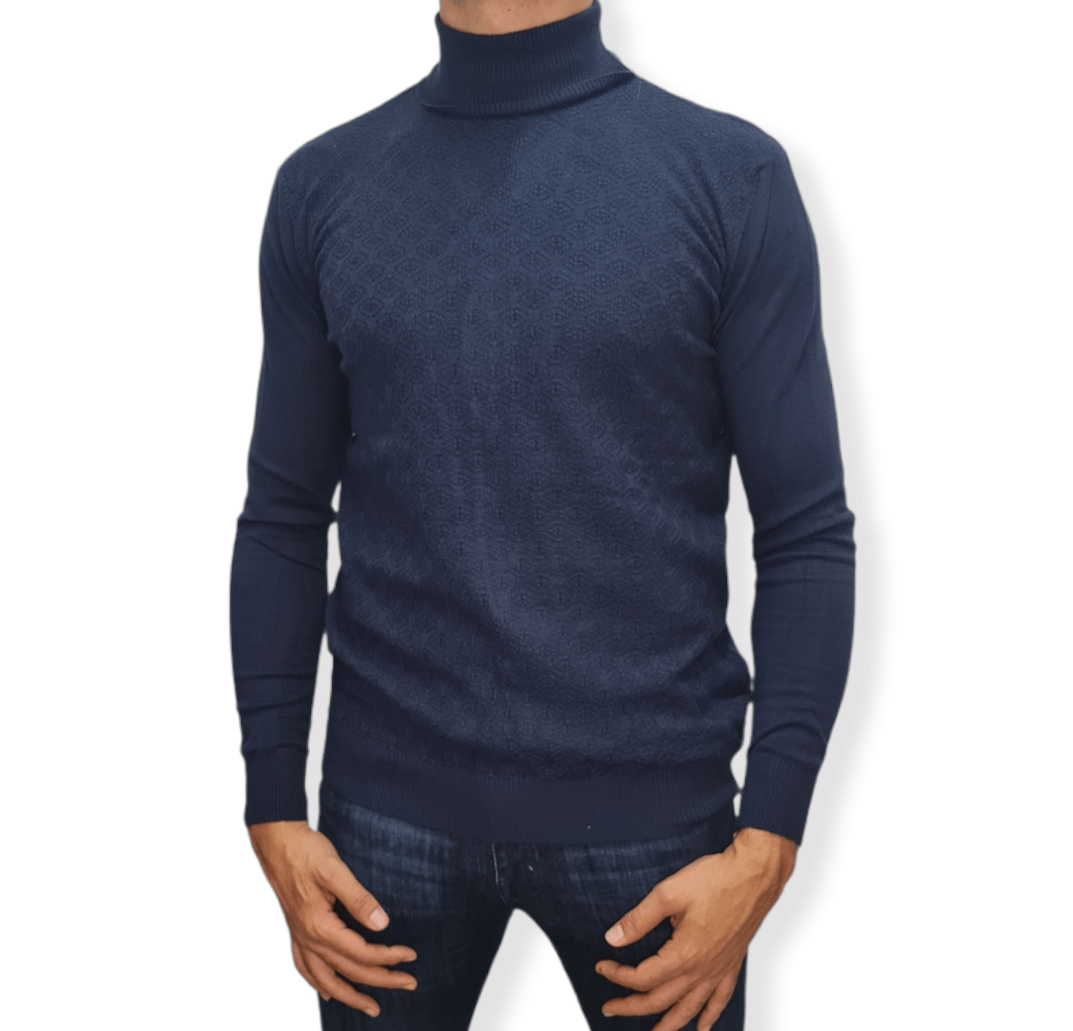 ElOutlet Men Pullover [Slim Fit] Men High Collar (Turtleneck) Pullover Massimo (circle shapes) - Dark Blue