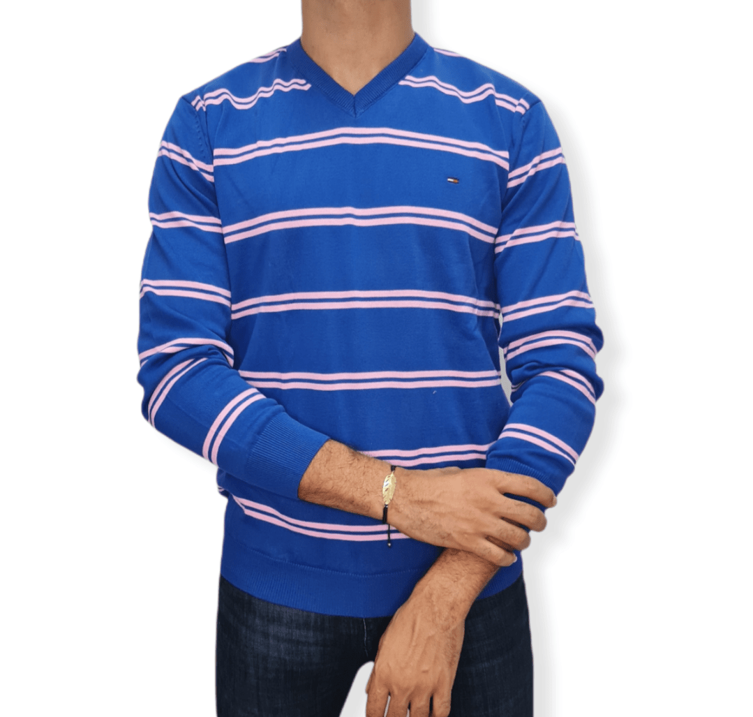 ElOutlet Men Pullover [Slim Fit] Men V-Collar Pullover TH - Blue Stripes