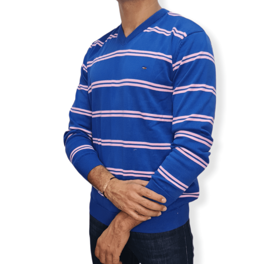 ElOutlet Men Pullover [Slim Fit] Men V-Collar Pullover TH - Blue Stripes