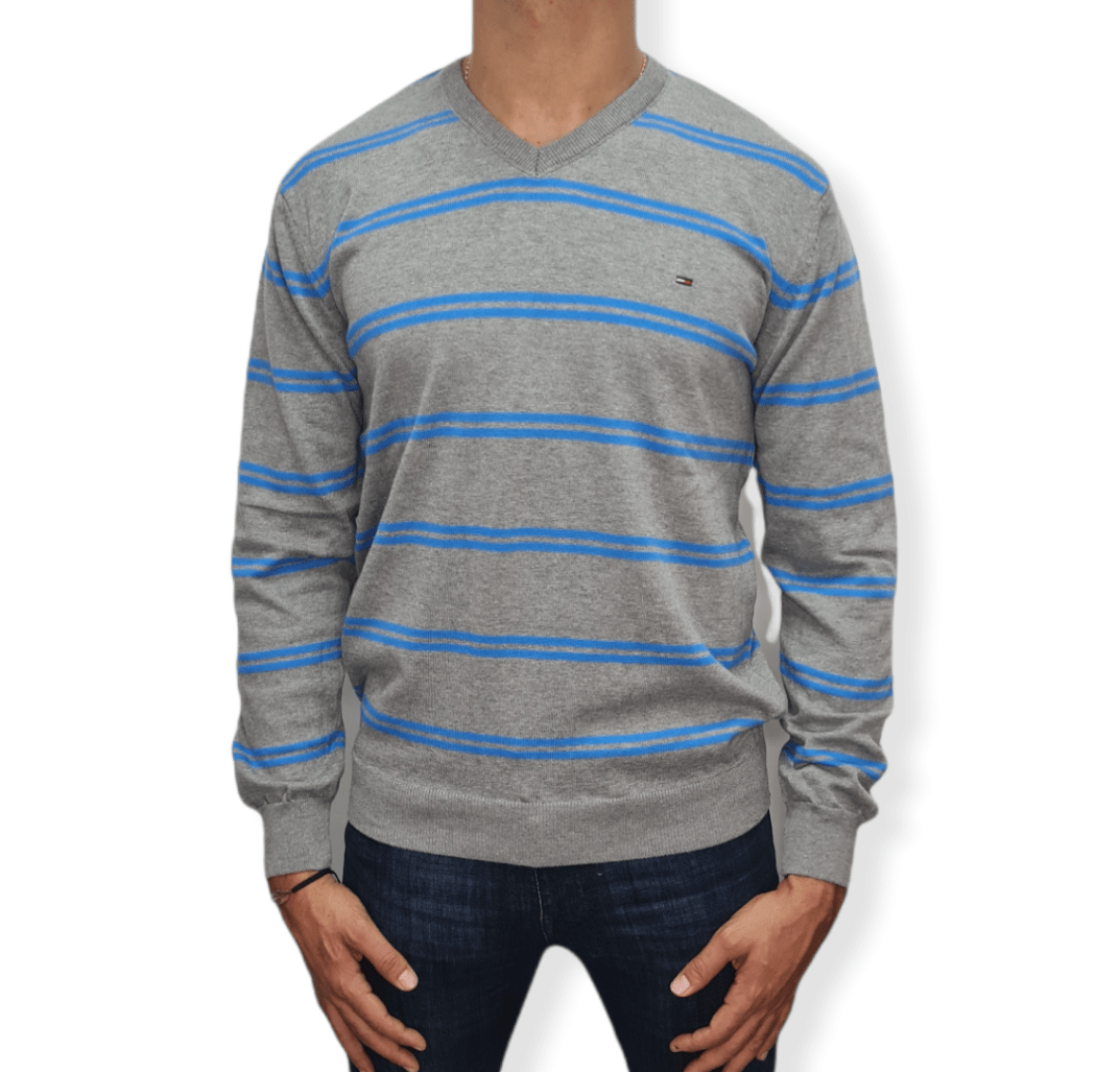 ElOutlet Men Pullover [Slim Fit] Men V-Collar Pullover TH - Grey Stripes