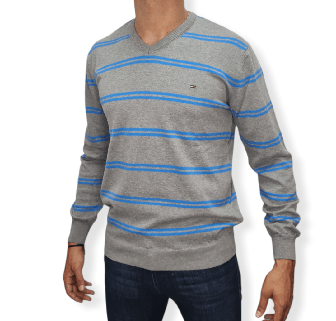 ElOutlet Men Pullover [Slim Fit] Men V-Collar Pullover TH - Grey Stripes