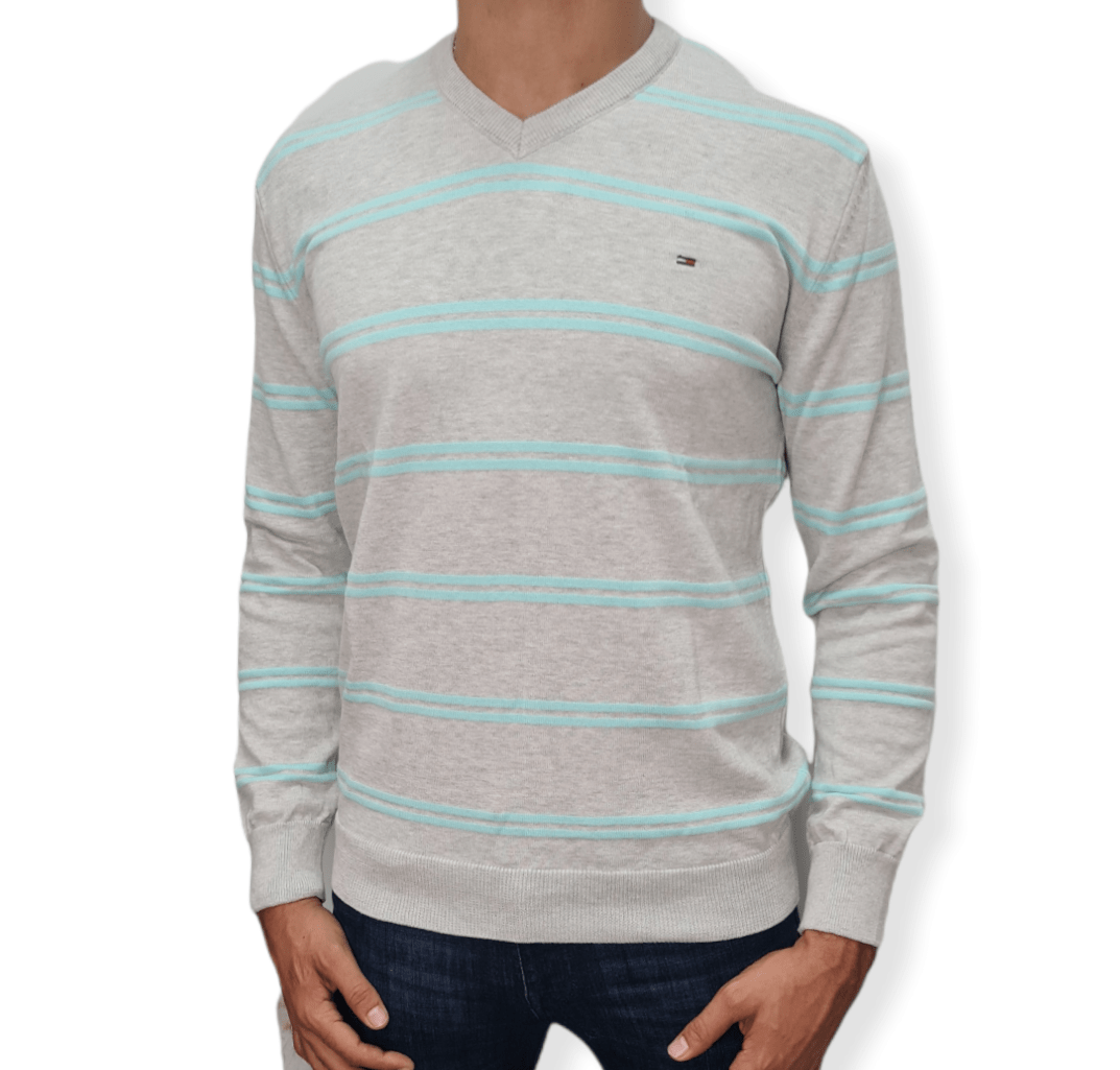 ElOutlet Men Pullover [Slim Fit] Men V-Collar Pullover TH - Light Grey Stripes