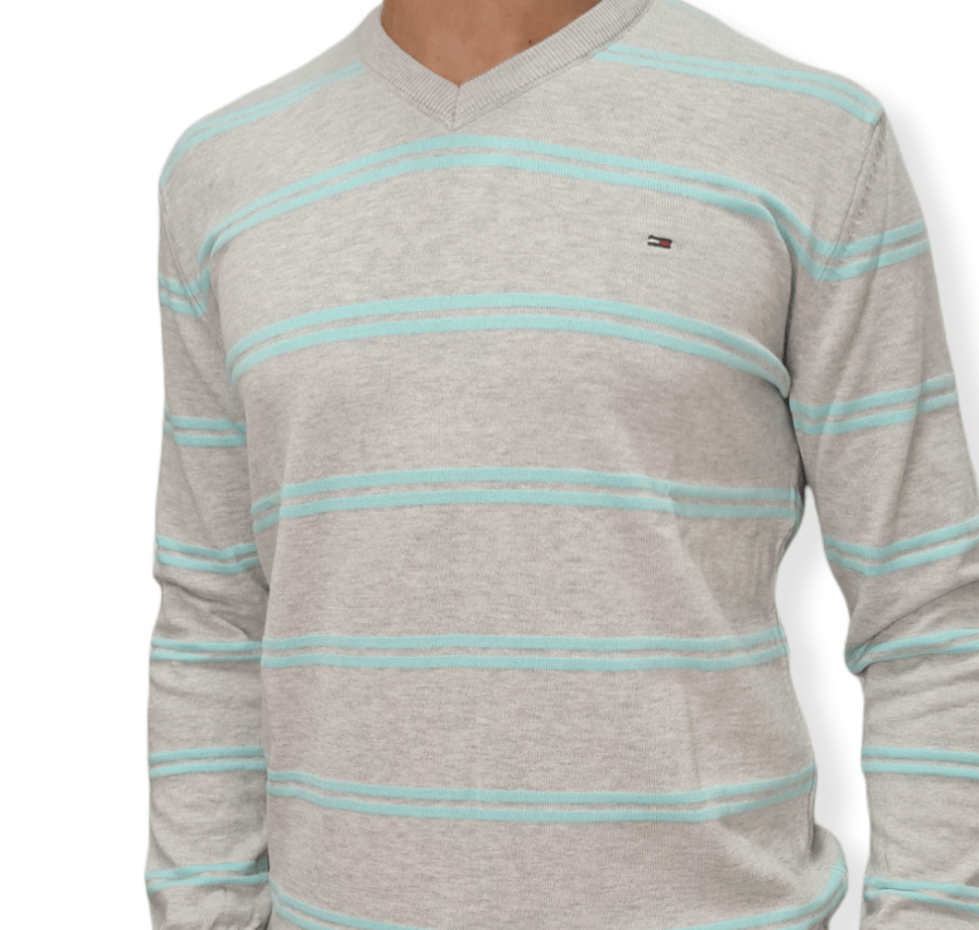 ElOutlet Men Pullover [Slim Fit] Men V-Collar Pullover TH - Light Grey Stripes