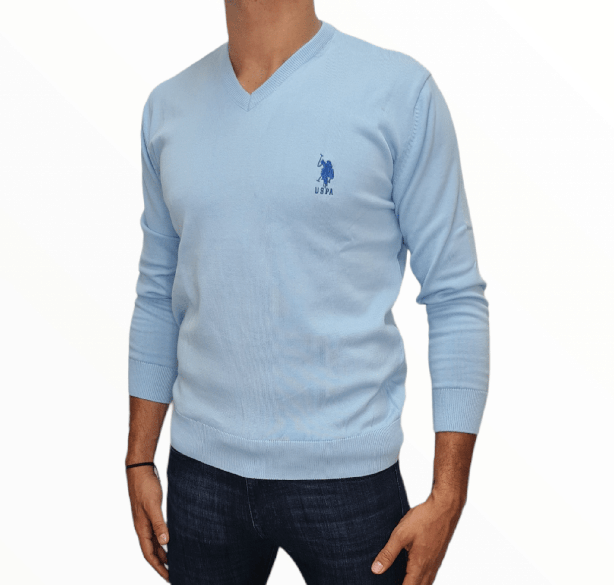 ElOutlet Men Pullover [Slim Fit] Men V-Collar Pullover USPA - Baby Blue