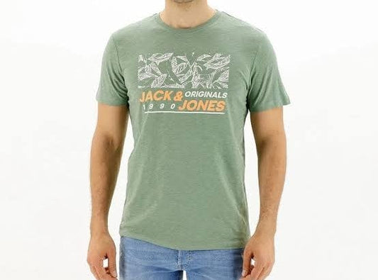 ElOutlet - Men Summer Men T-Shirt Men J&J Round Tshirt - Olive Green x Orange