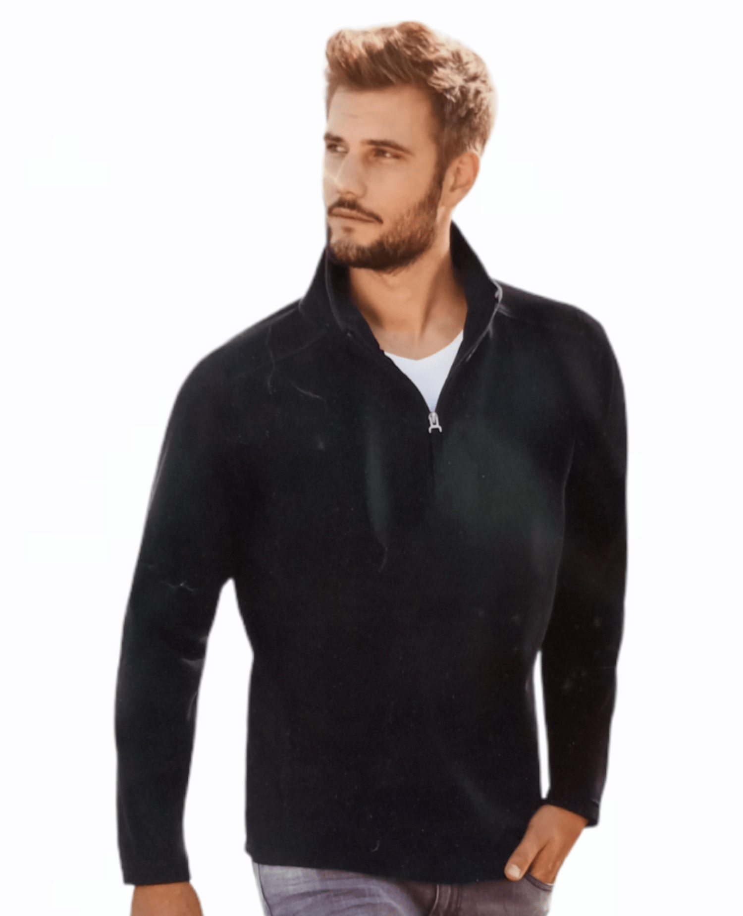 ElOutlet Men Sweatshirt 2XL (64cm) FleeceShirt Half-Zipper Collar - Black