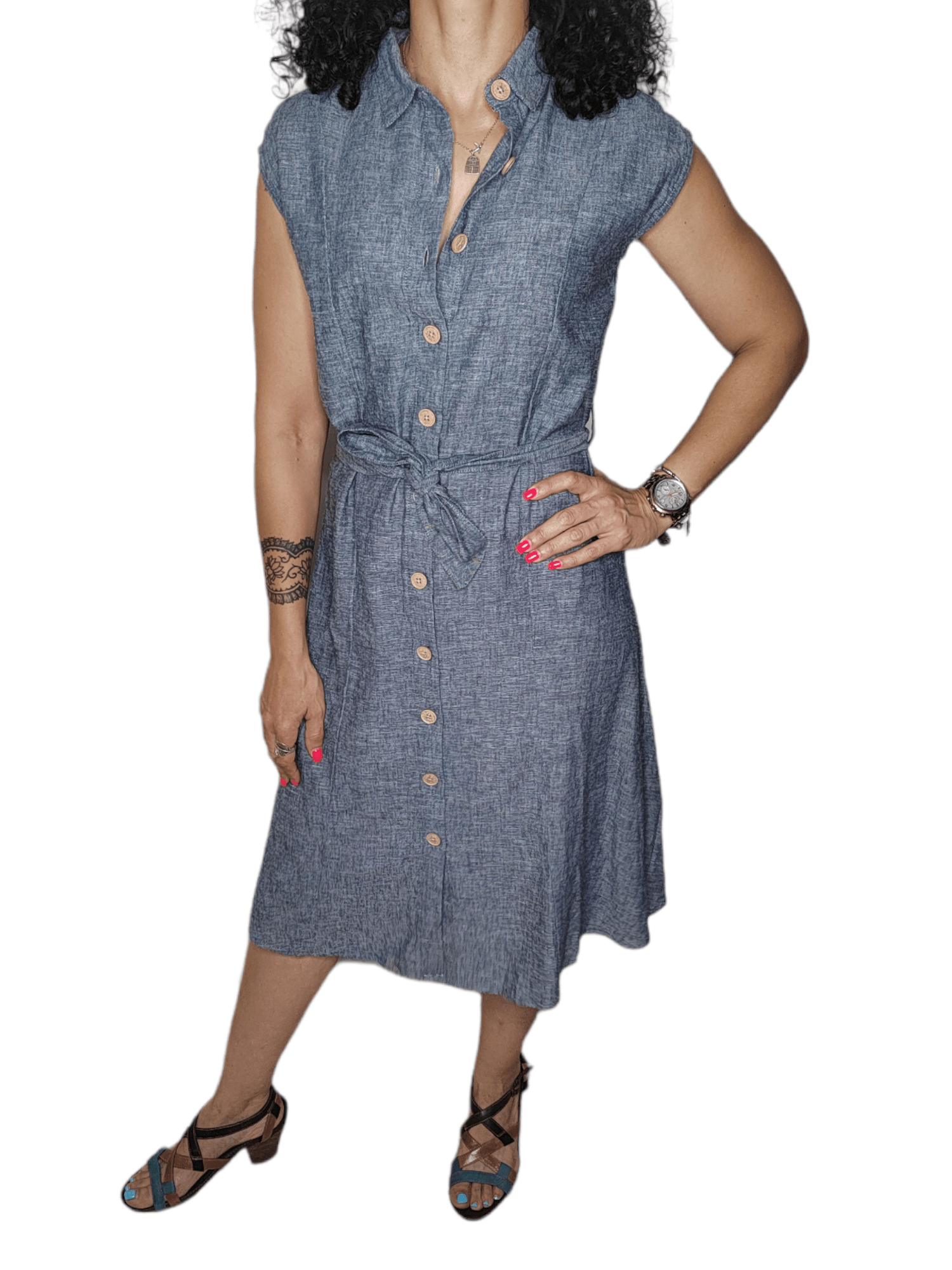 ElOutlet - Summer Women Dress Women Dress - Linen كتان - S.Oliver (wooden buttons) - Dark Blue Jeans