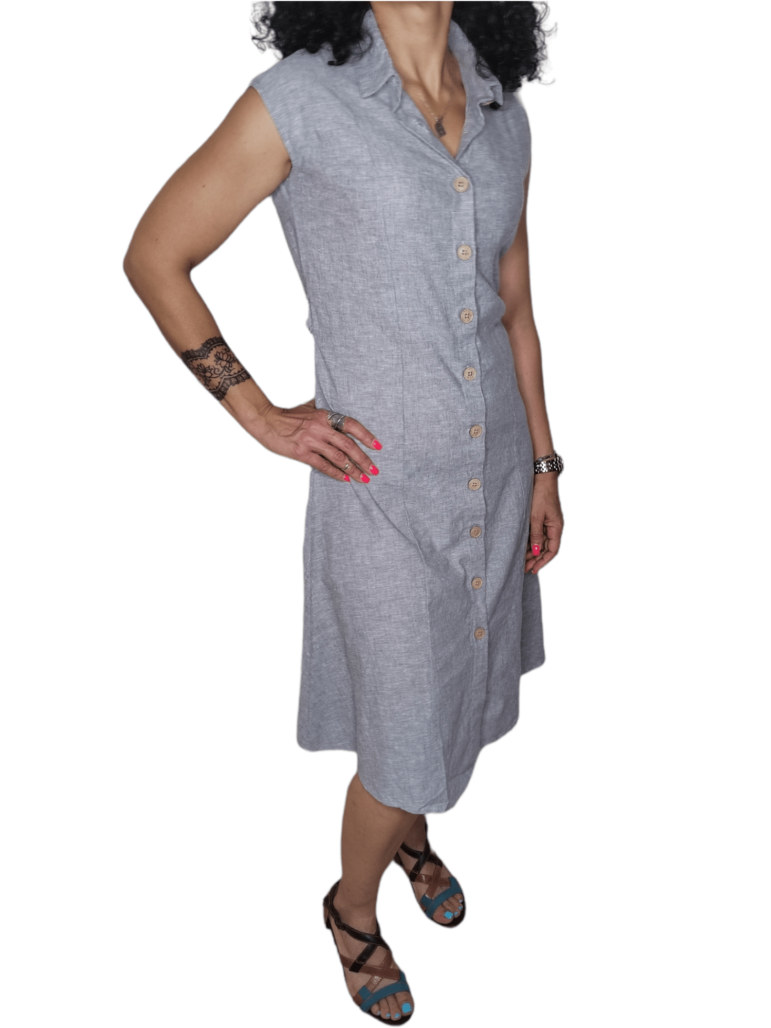 ElOutlet - Summer Women Dress Women Dress - Linen كتان - S.Oliver (wooden buttons) - Grey