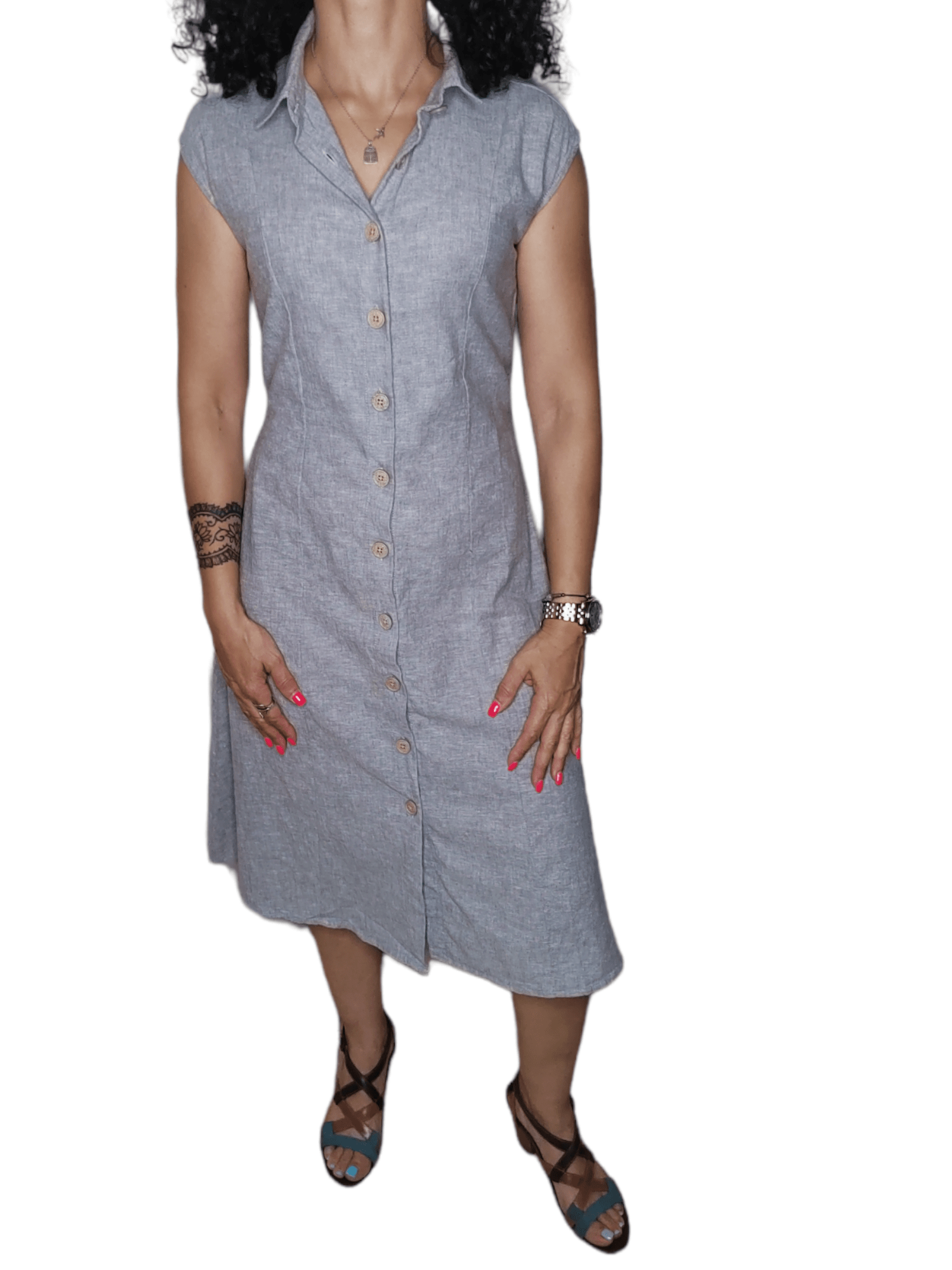 ElOutlet - Summer Women Dress Women Dress - Linen كتان - S.Oliver (wooden buttons) - Grey
