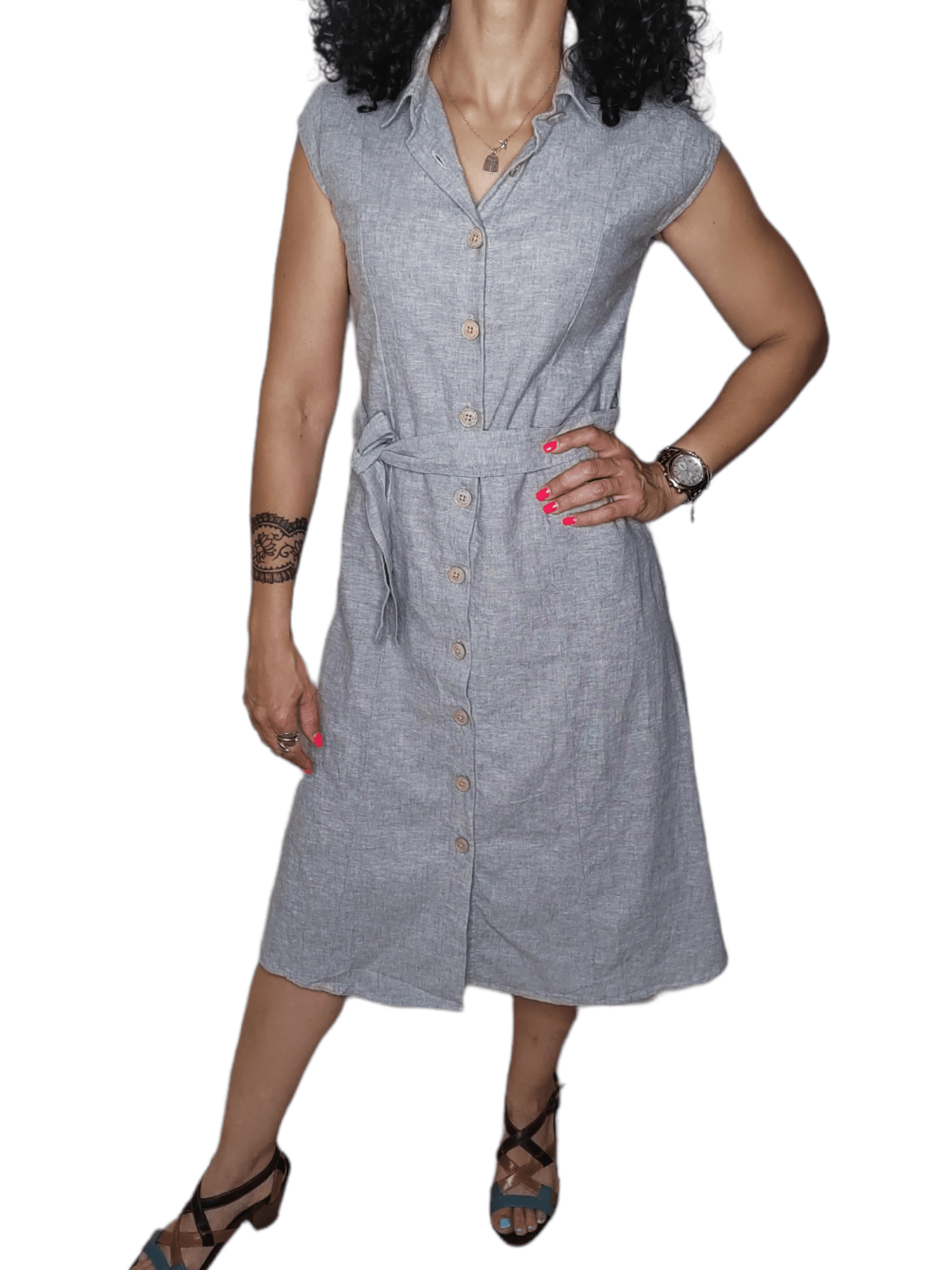 ElOutlet - Summer Women Dress Women Dress - Linen كتان - S.Oliver (wooden buttons) - Grey