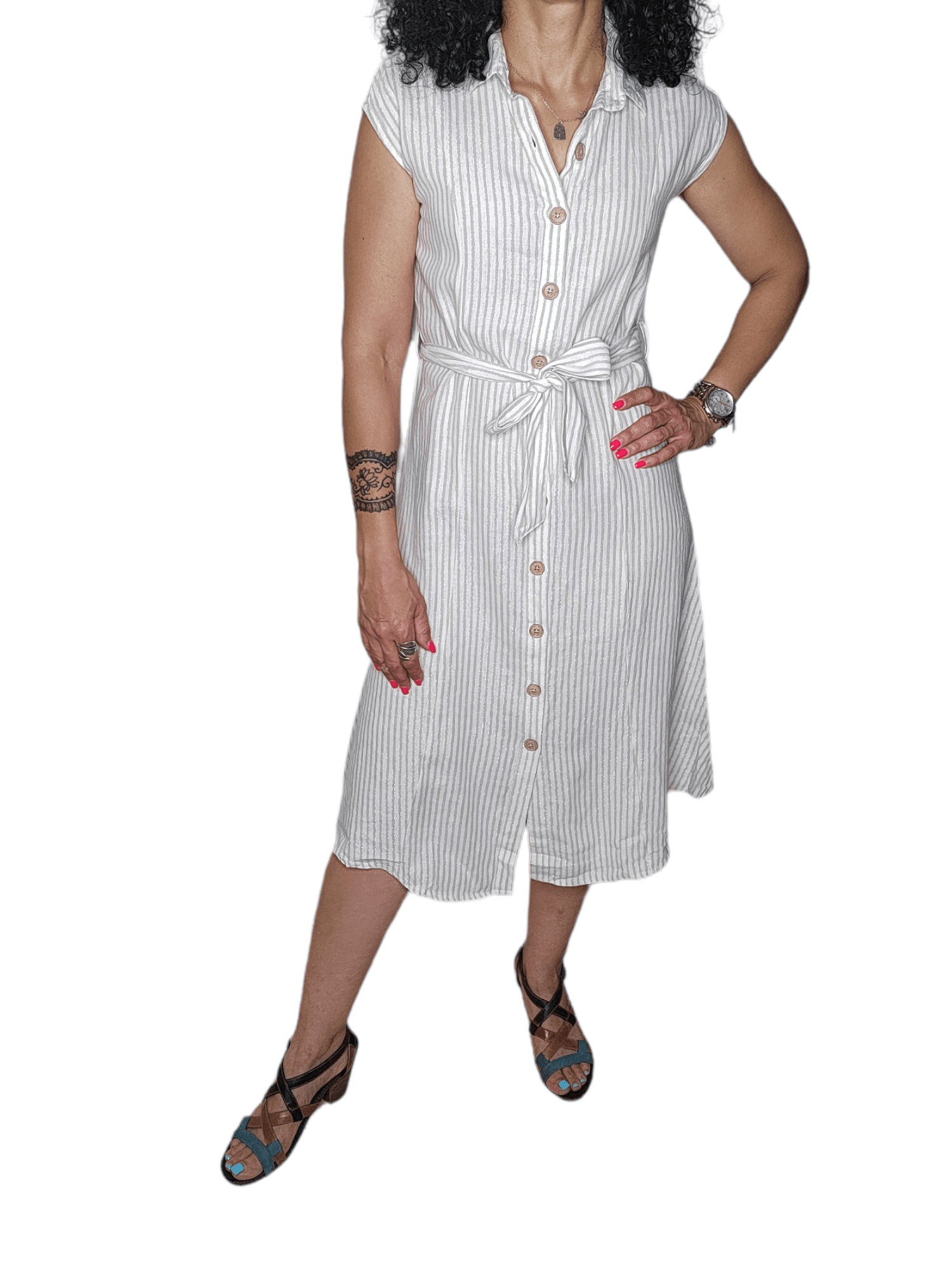 ElOutlet - Summer Women Dress Women Dress - Linen كتان - S.Oliver (wooden buttons) - Off White (Stripped)