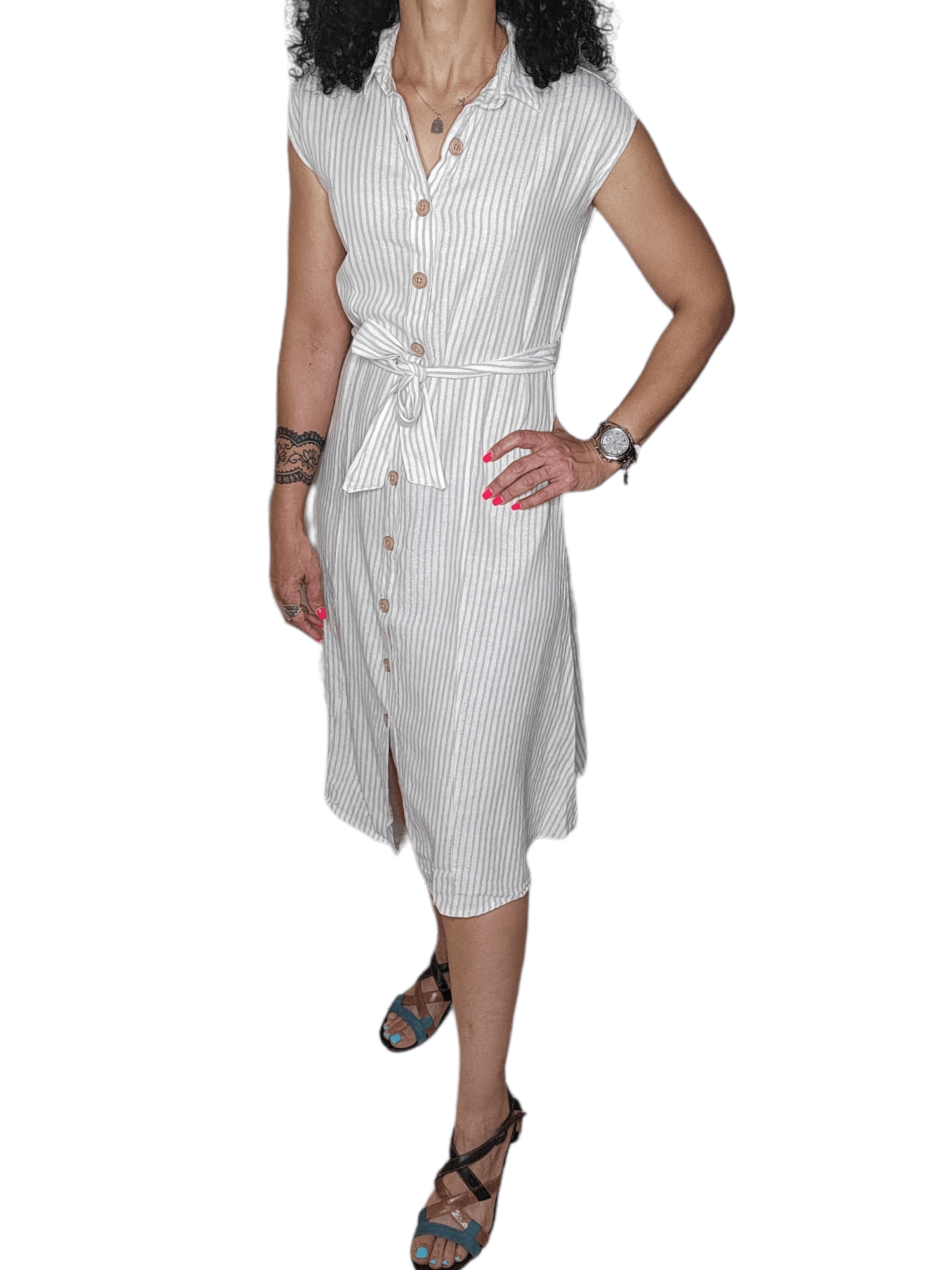 ElOutlet - Summer Women Dress Women Dress - Linen كتان - S.Oliver (wooden buttons) - Off White (Stripped)