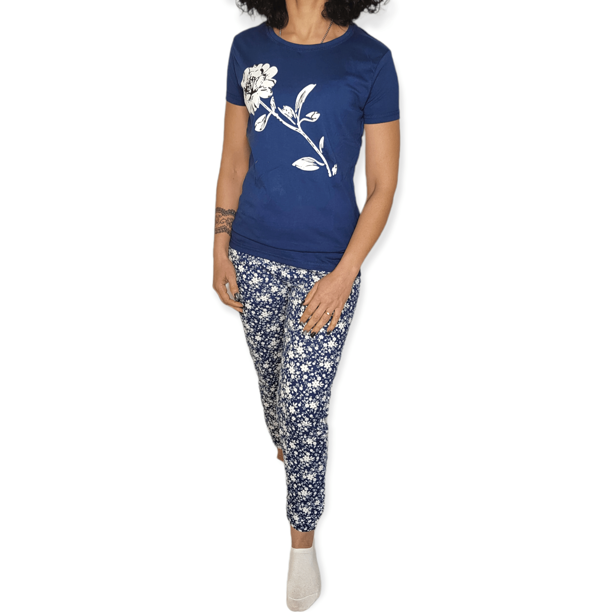 ElOutlet - Summer Women Pyjamas Women Pajama Set - Dark Blue x White flower