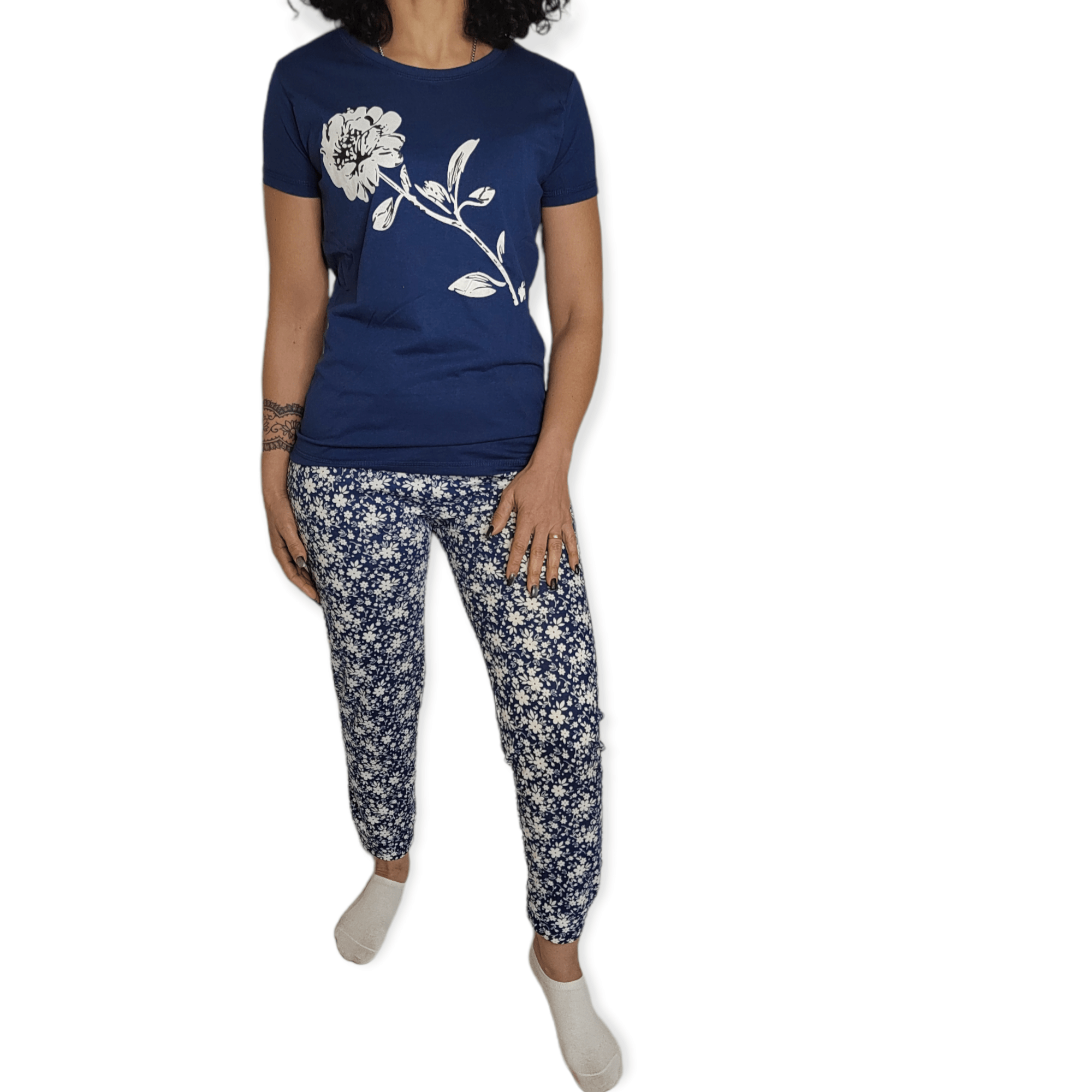 ElOutlet - Summer Women Pyjamas Women Pajama Set - Dark Blue x White flower