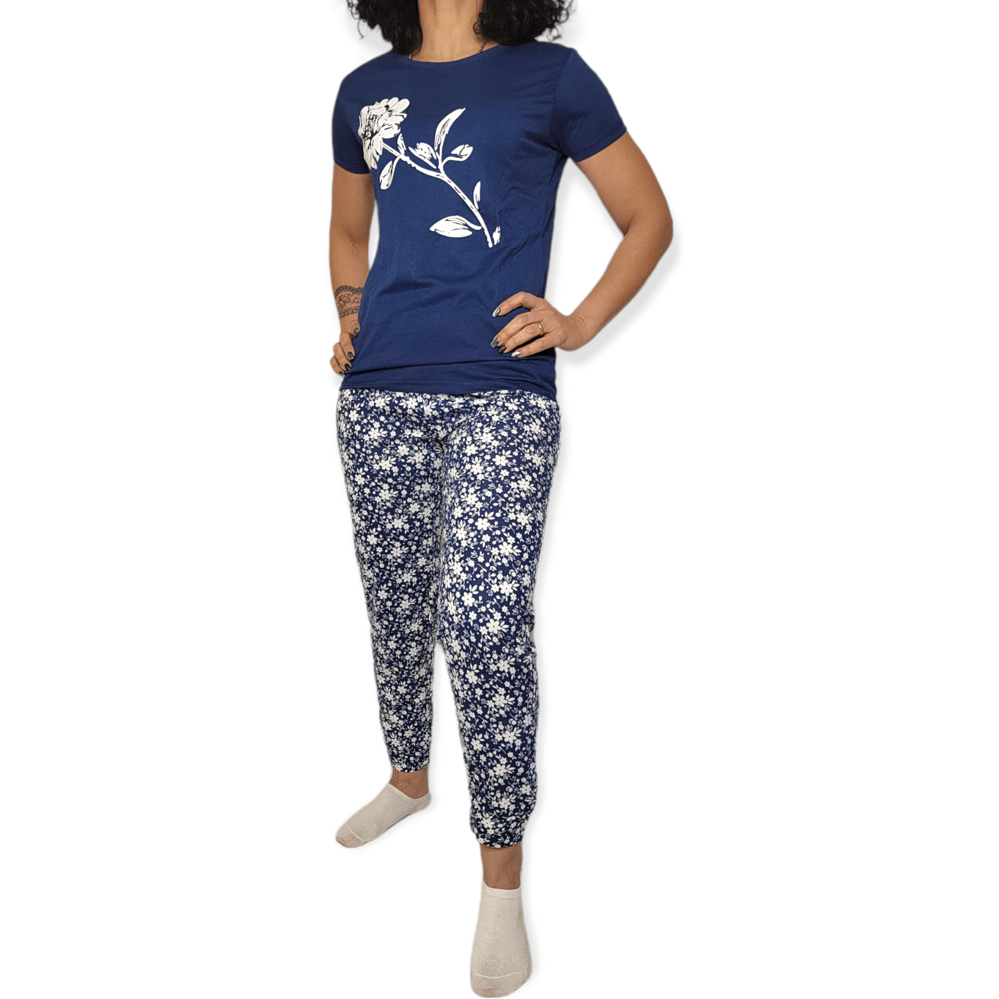 ElOutlet - Summer Women Pyjamas Women Pajama Set - Dark Blue x White flower
