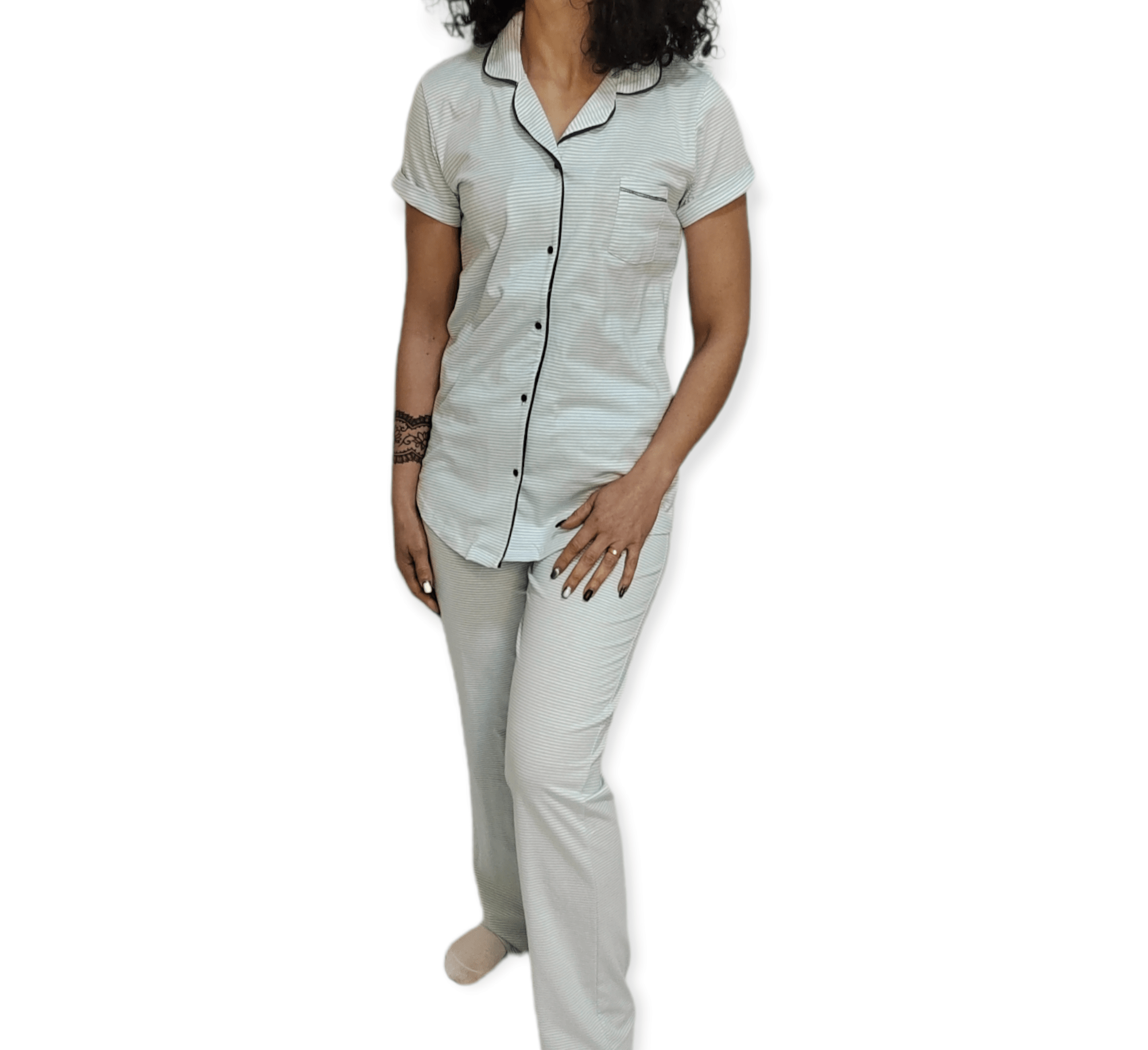 ElOutlet - Summer Women Pyjamas Women Strips Pajama - Light Blue x Dark Blue