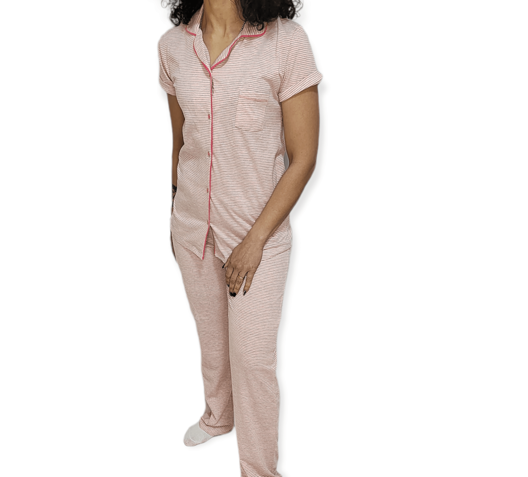 ElOutlet - Summer Women Pyjamas Women Strips Pajama - Pink x Grey