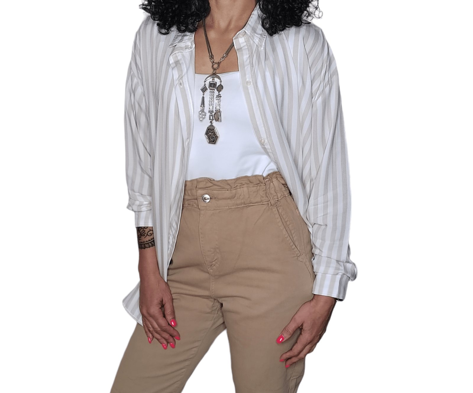 ElOutlet - Summer Women Women Blouse Women Chemise (One-Size) - Stripped - Beige
