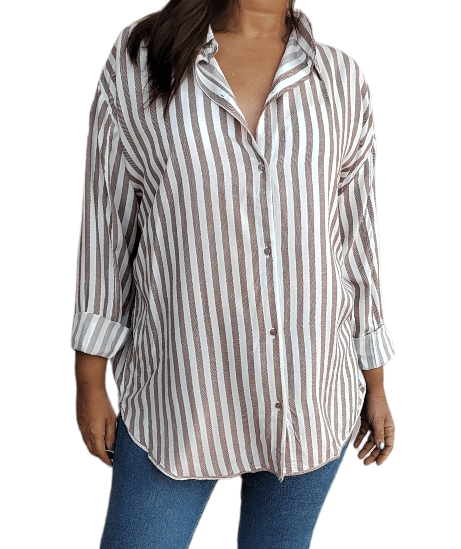 ElOutlet - Summer Women Women Blouse Women Chemise (One-Size) - Stripped - Brown