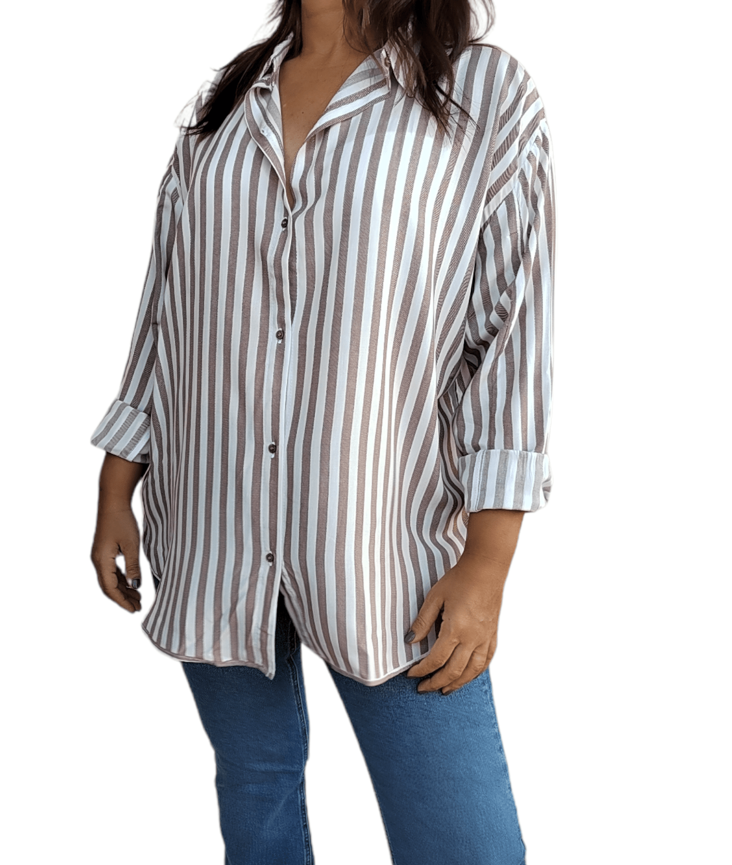 ElOutlet - Summer Women Women Blouse Women Chemise (One-Size) - Stripped - Brown