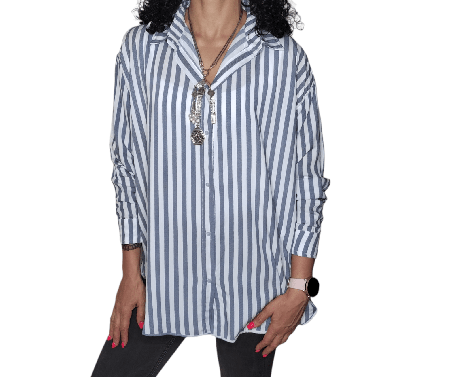 ElOutlet - Summer Women Women Blouse Women Chemise (One-Size) - Stripped - Jeans Blue
