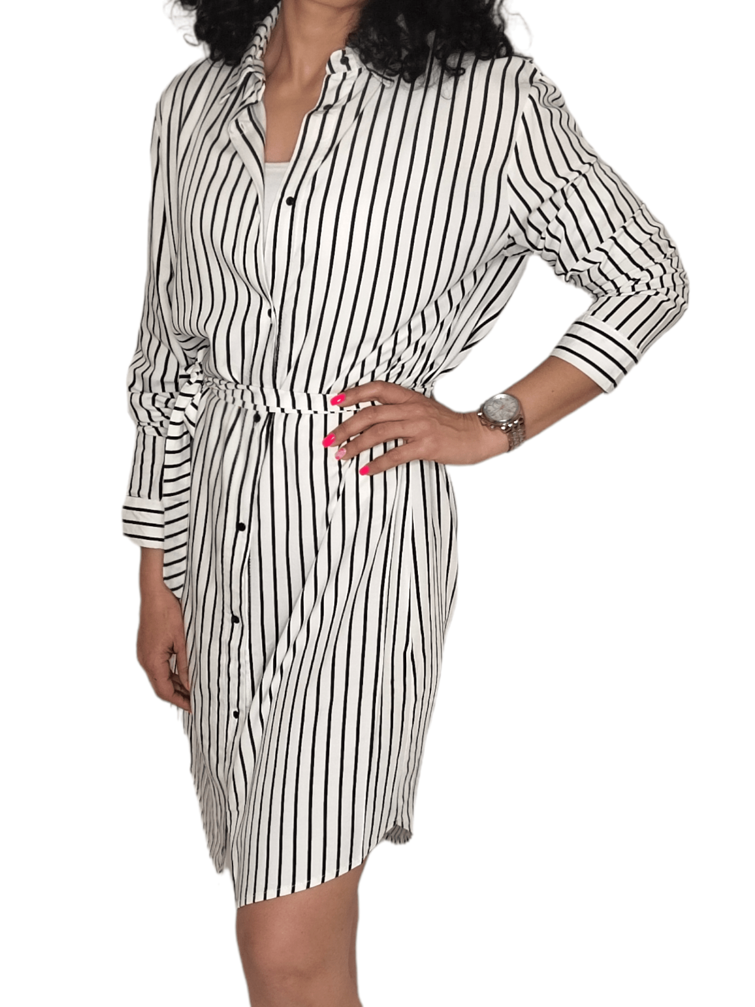 ElOutlet - Summer Women Women Dress Women Chemise Dress - White (Black lines)