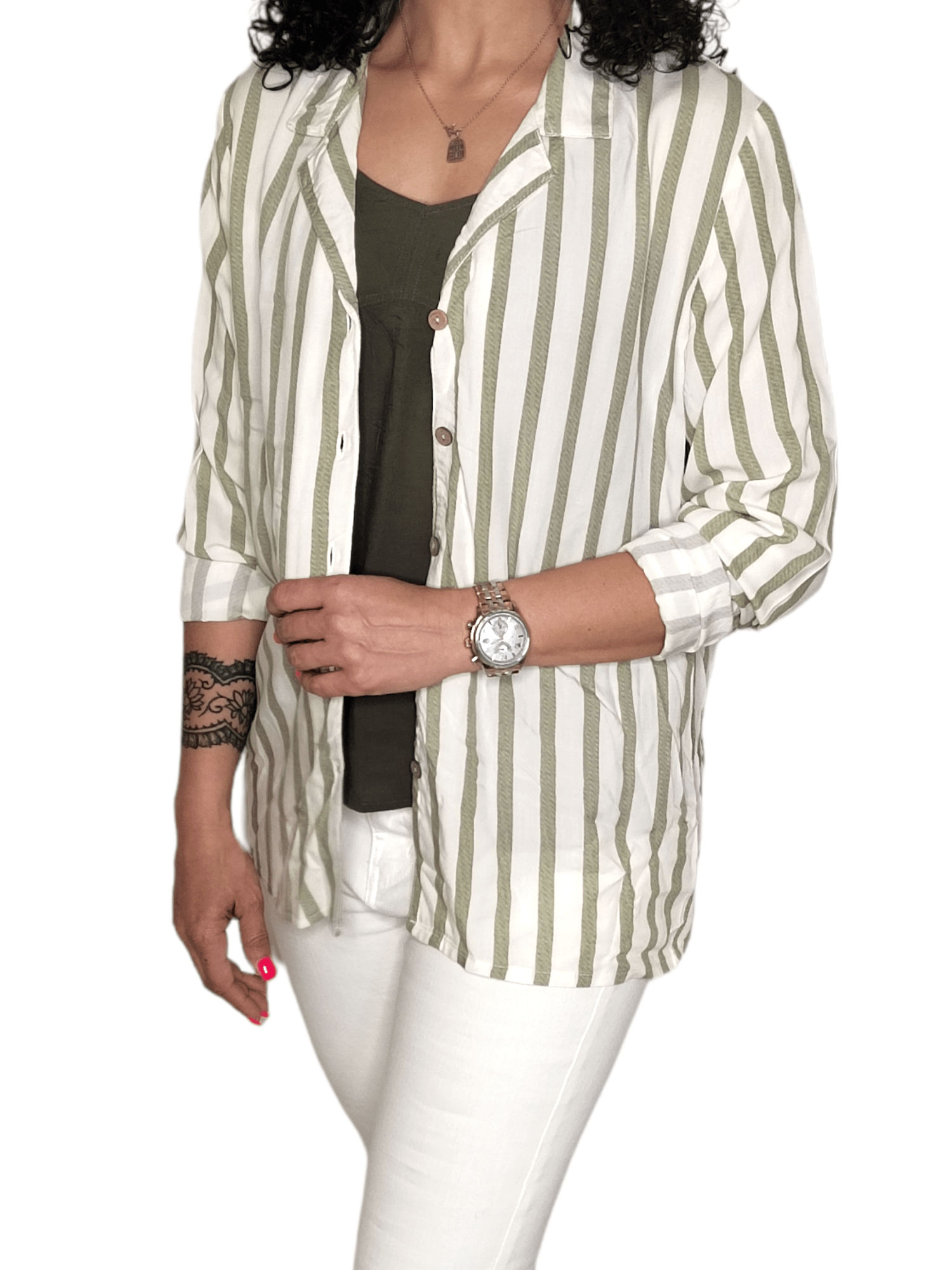 ElOutlet - Summer Women Women Shirt Women Shirt - Oil Green x White