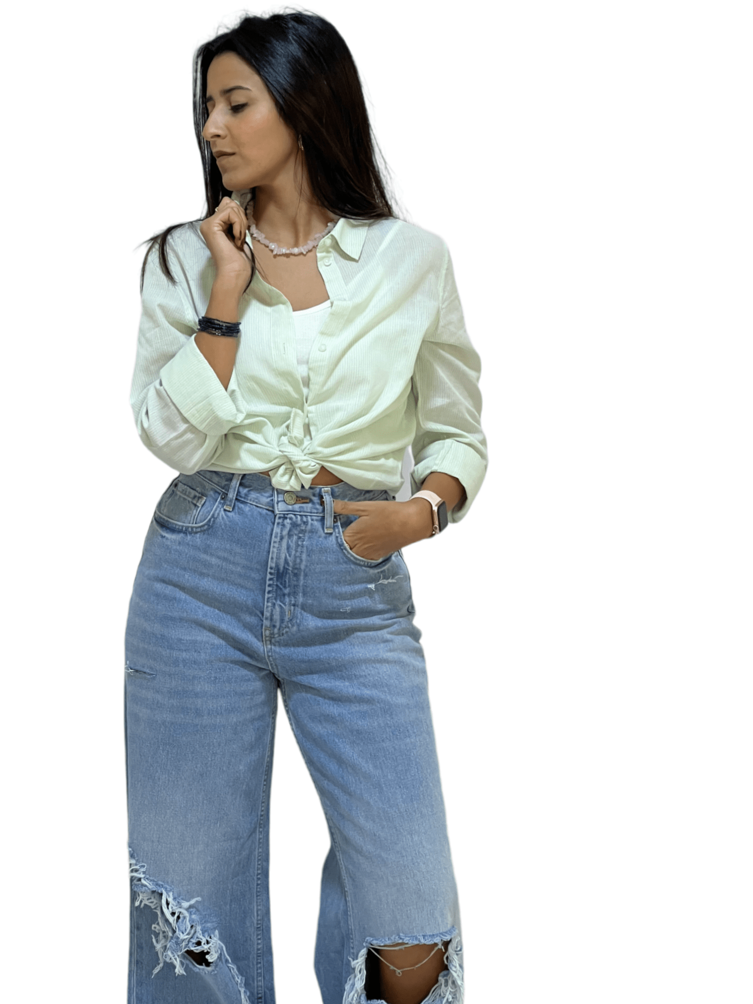 ElOutlet - Summer Women Women Shirts Women Shirt - Pistache x White