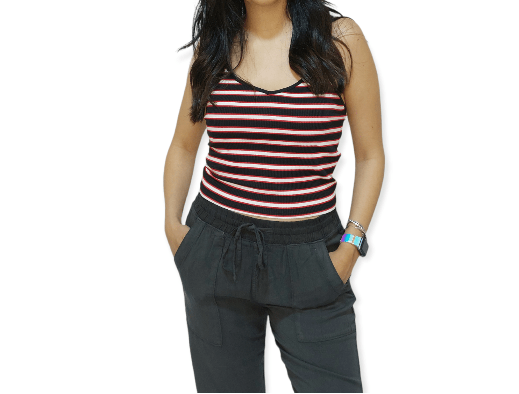 ElOutlet - Summer Women Women T-Shirts Women Crop-Top (Slim-Fit) - Strip Black / Red / White