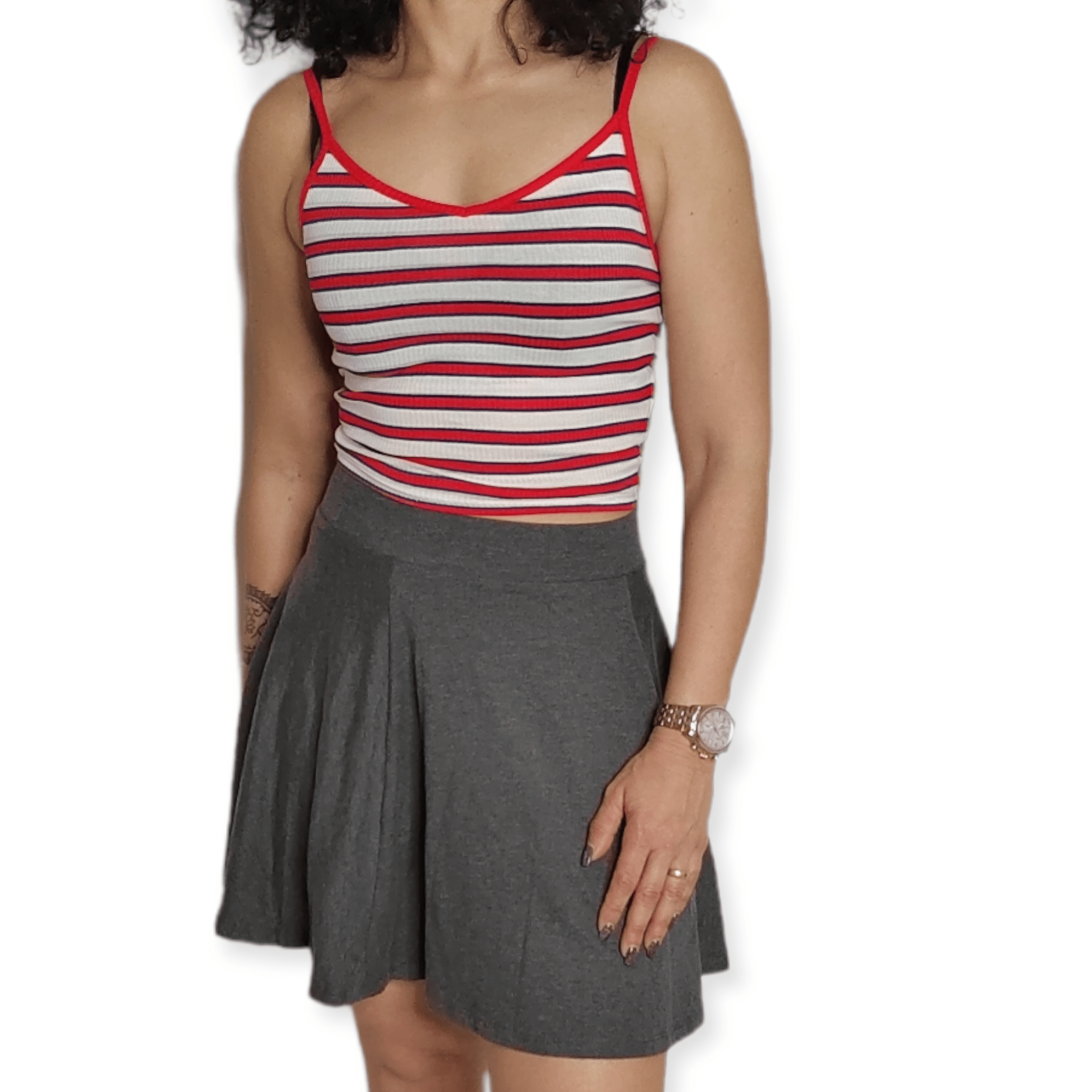 ElOutlet - Summer Women Women T-Shirts Women Crop-Top (Slim-Fit) - Strip Red / White / Dark Blue