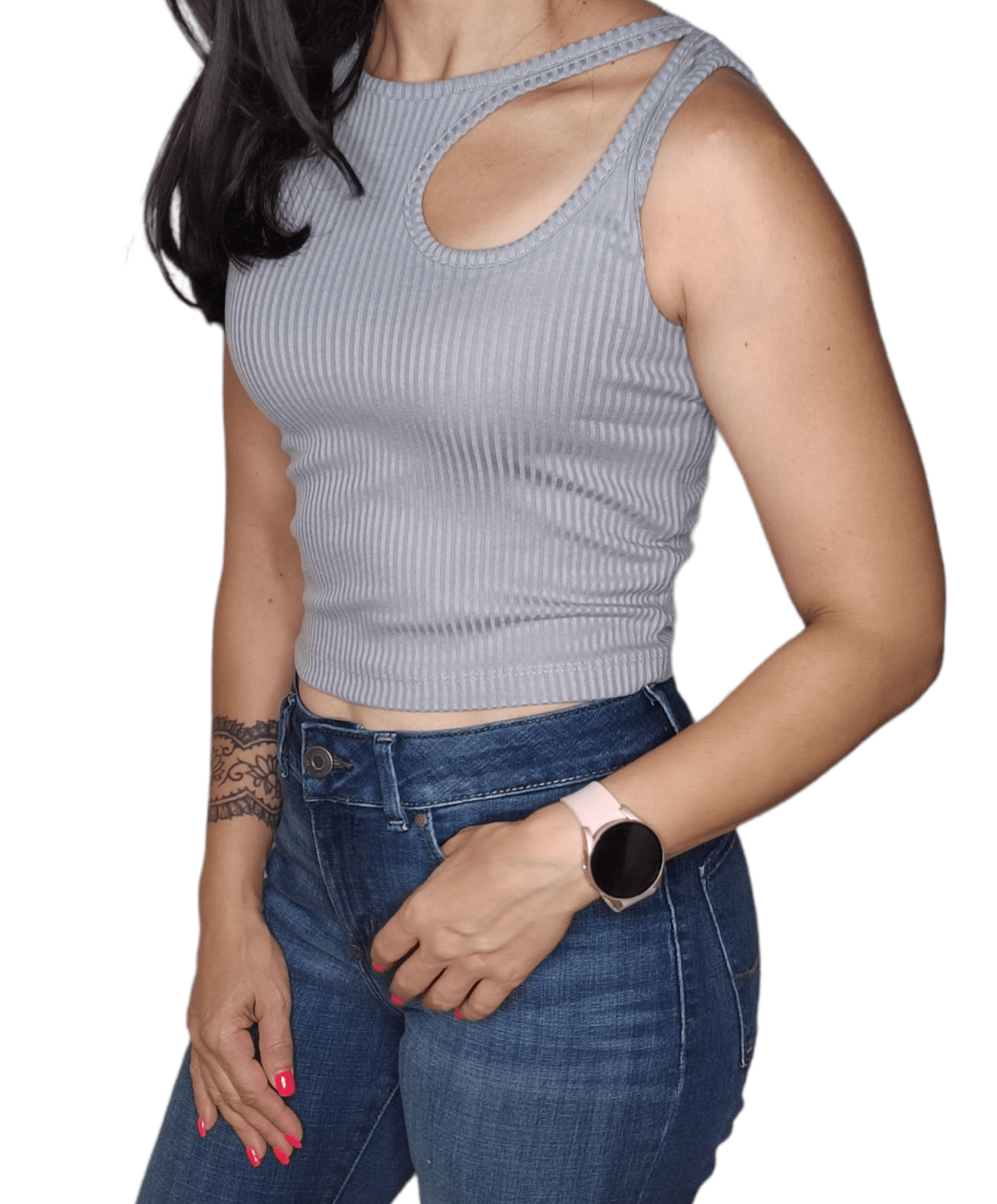 ElOutlet - Summer Women Women T-Shirts Women Crop-Top (stripped) - Grey