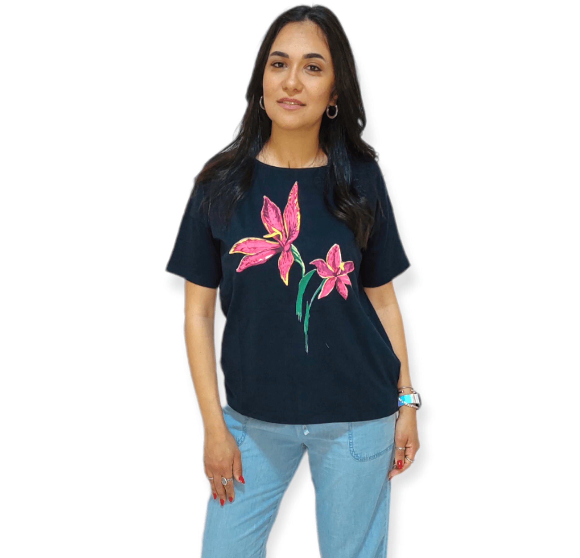 ElOutlet - Summer Women Women T-Shirts Women T-Shirt - TT (Slim-Fit) - Dark Blue + Flower